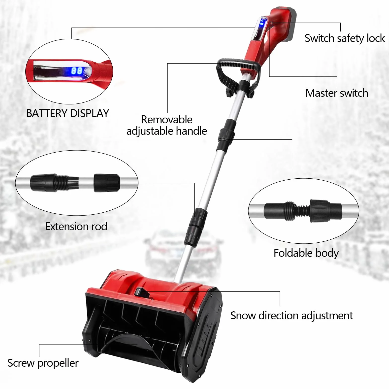 Souffleuse à Neige 1000W 21V Li-ION Direction Projection Réglable 0-33000 TR/Min 8M 34cm