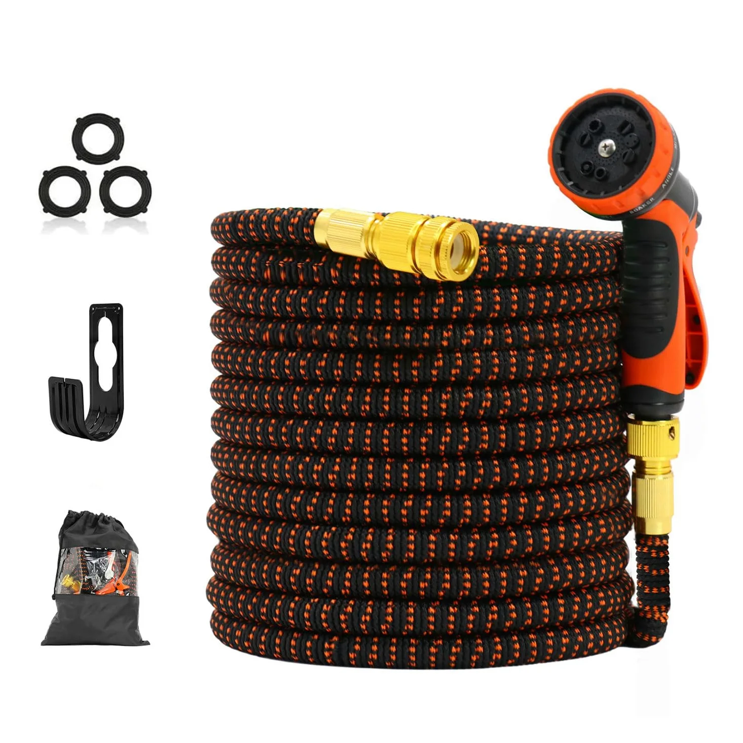 FlinQ Tuyau d'Arrosage Flexible 30 m - Noir/Orange | Extensible avec tête de pulvérisation et support | Sans nœuds | Sac de rangement inclus