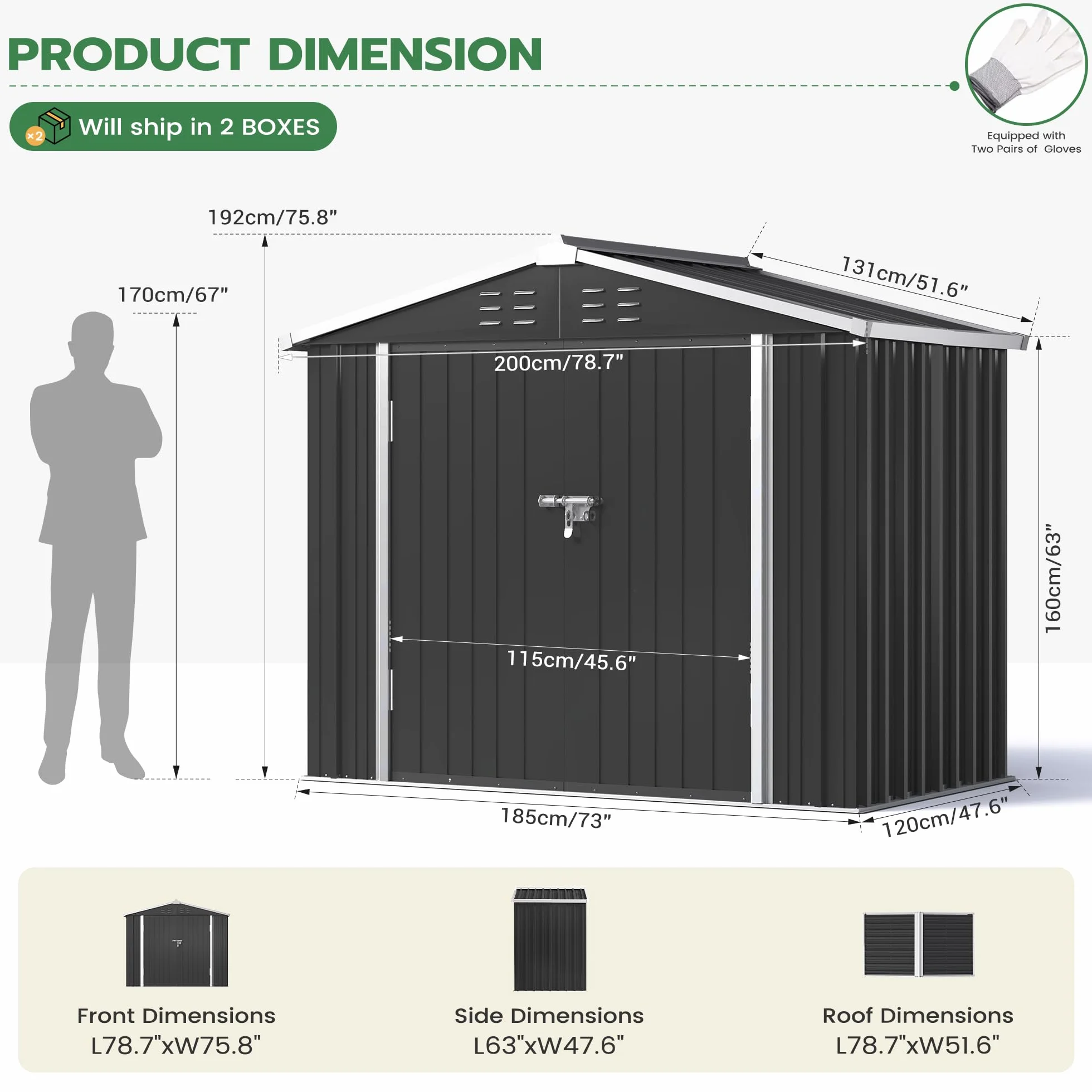 Amopatio Abri de Jardin Metal 196 x 119 x 185cm Cabane de Jardin Exterieur Acier galvanisé Noir