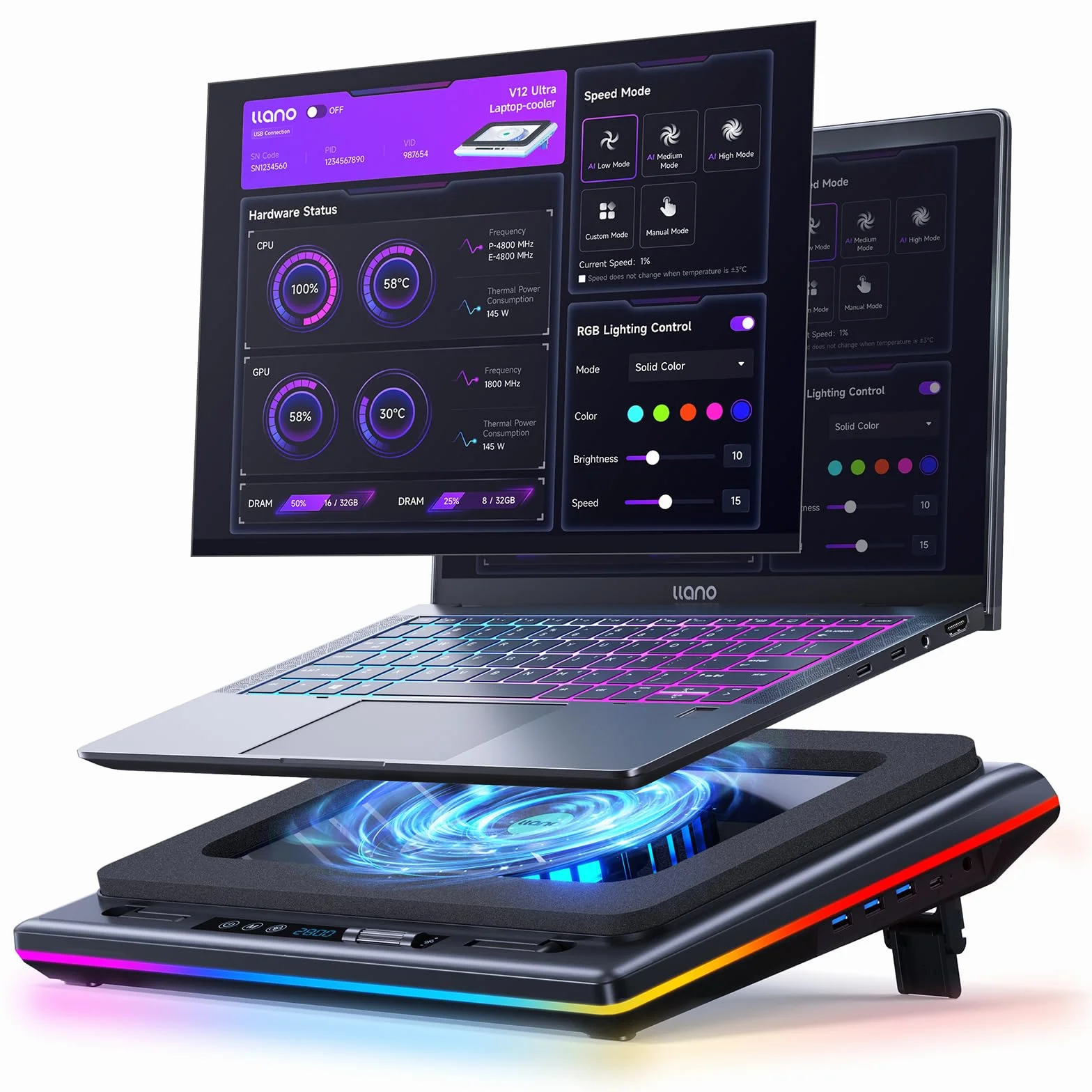 llano V12 Ultra Refroidisseur d'Ordinateur Portable 5,5 Pouces 3 Ports USB 3.0 15,6-19 Pouces