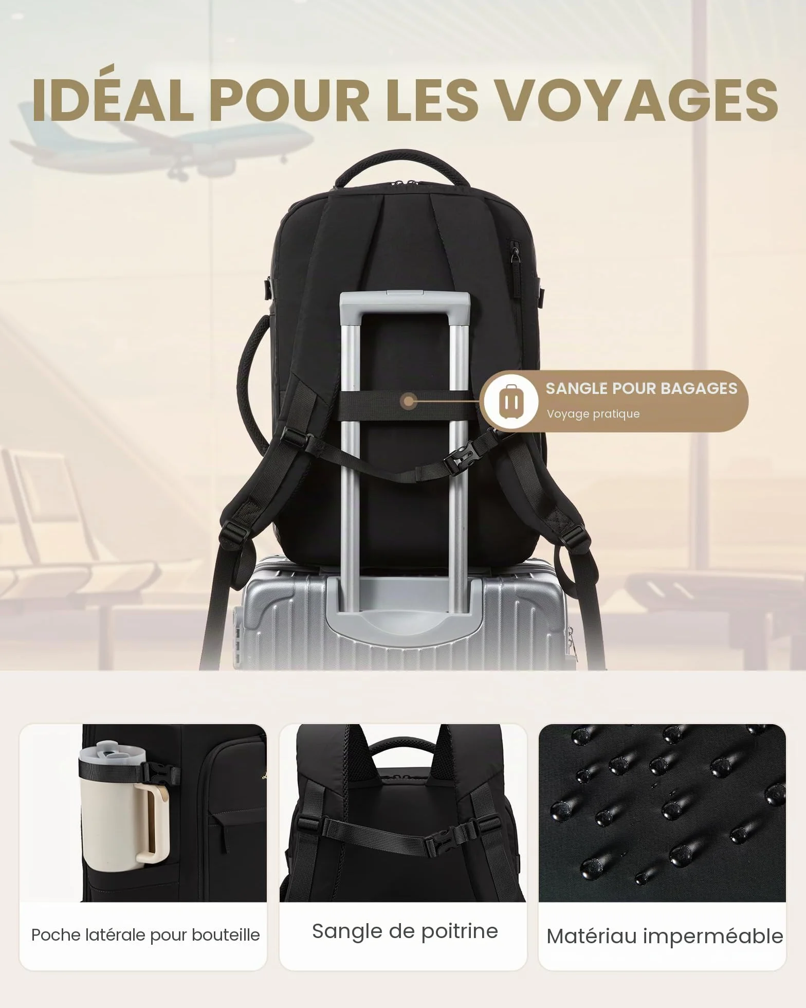 LOVEVOOK Sac À Dos Voyage Cabine Avion 40L Antivol Imperméable Ordinateur