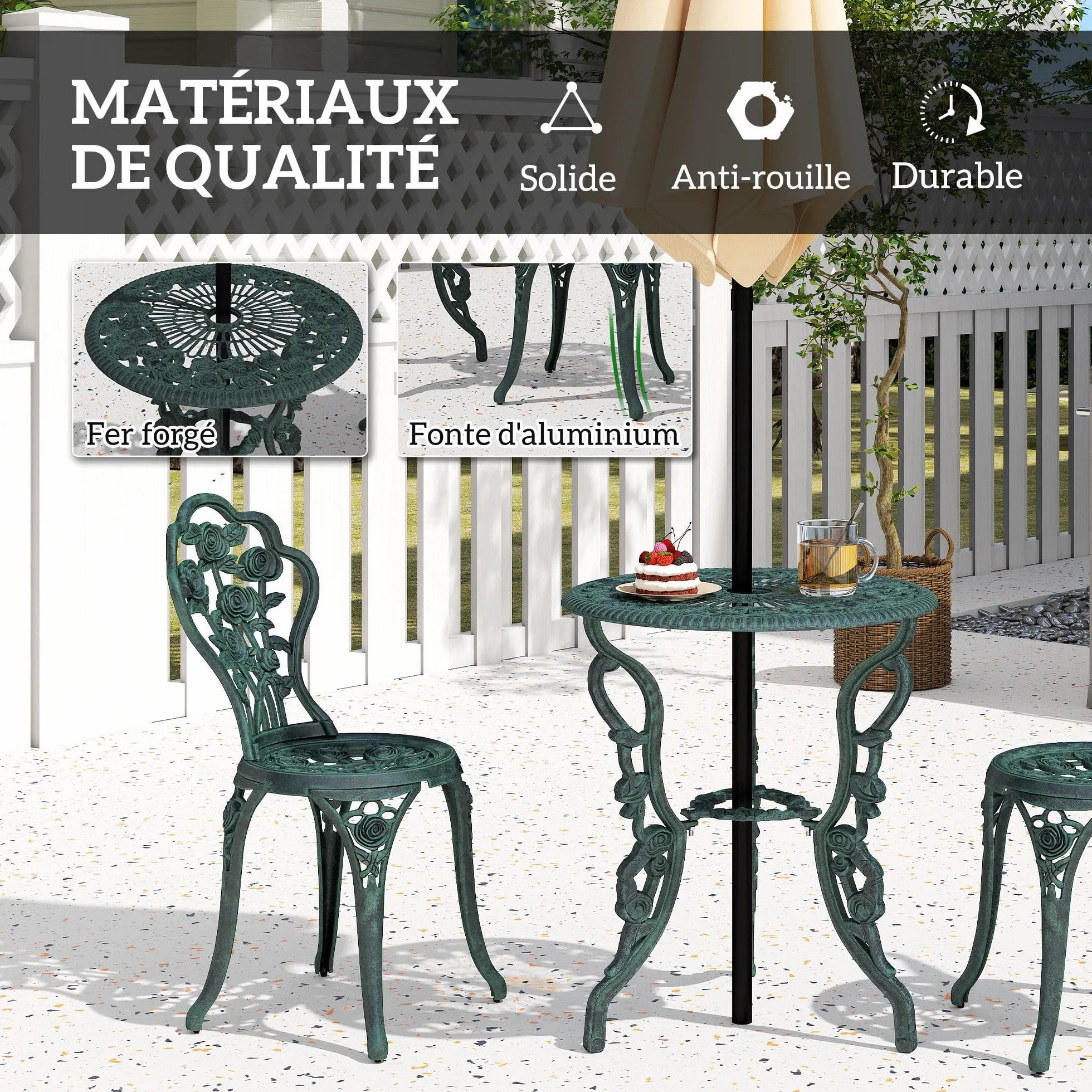 Outsunny Ensemble Salon de Jardin 2 Places Table Ronde Fonte d'Aluminium Vert Vieilli