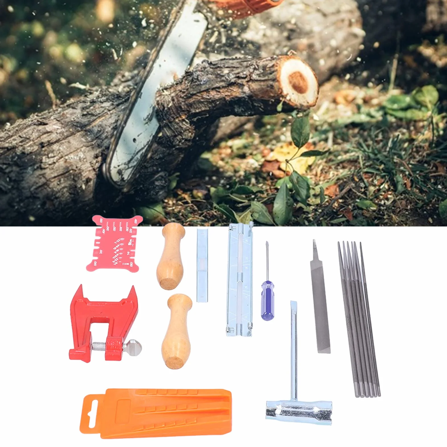 Tyenaza Kit d'affûtage de tronçonneuse 16 pièces avec étui de Rangement, Comprenant Une Lime Ronde, Un Tournevis Plat, Un Guide de Lime, Un Manche en Bois, Une Barre d'abattage et Un Outil de Mesure.