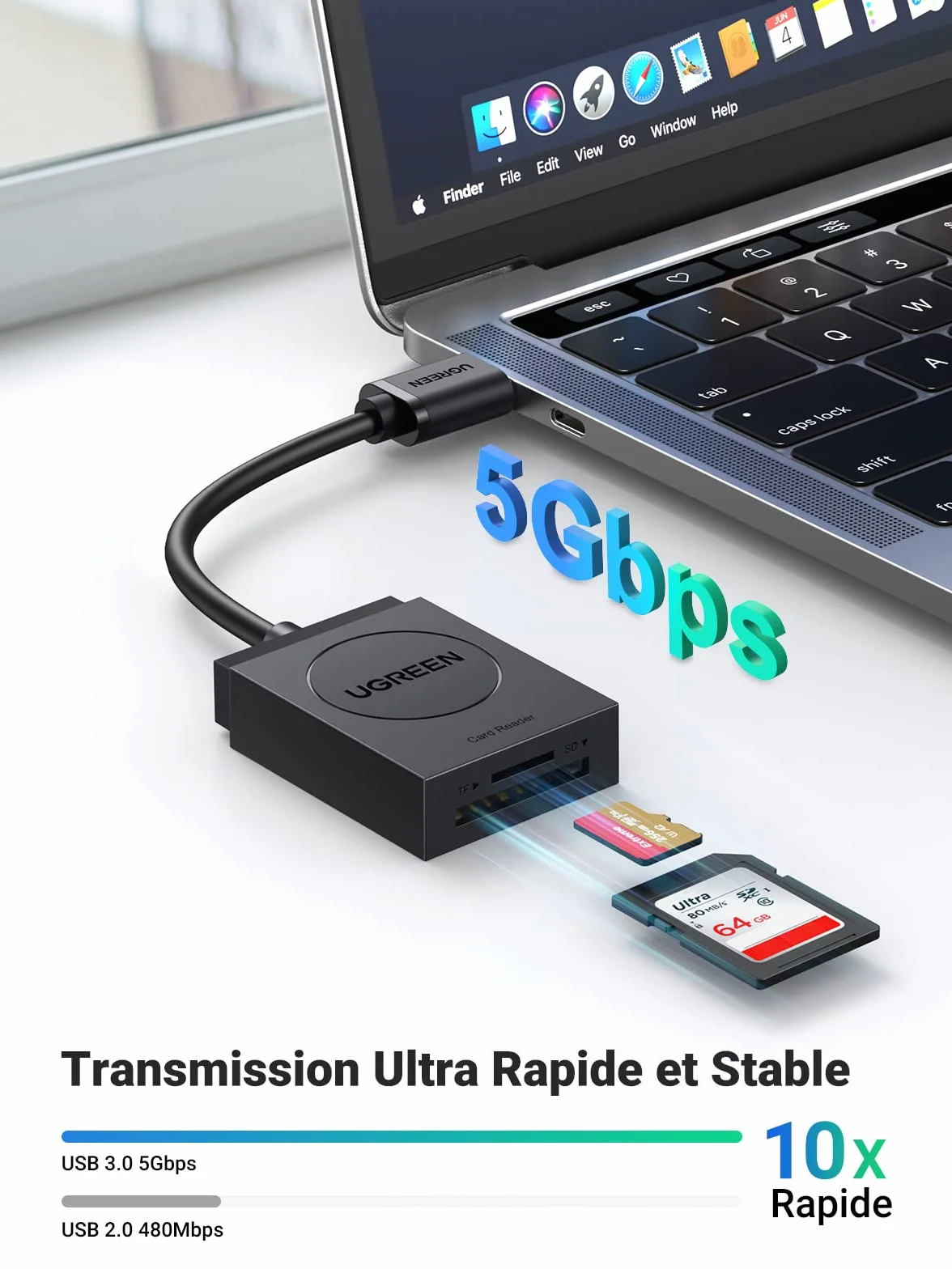 UGREEN Lecteur de Carte SD USB 3.0 5Gbps Transfert Rapide 2 Cartes Max 2To SD Card Reader Micro SDXC SDHC MMC Plug Play Windows MacOS Linux