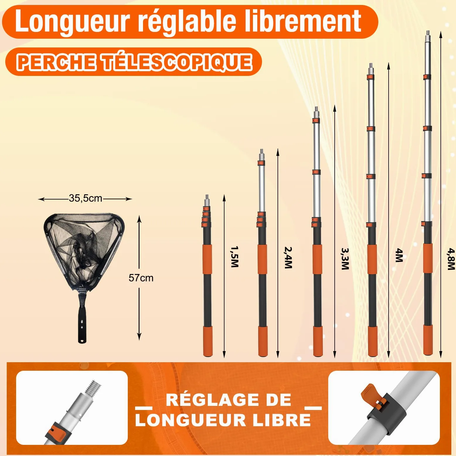 SISIUPASSIE ‌4,8m Epuisette Piscine Surface avec Manche Telescopique, ‌Épuisette Piscine Maille Extra Fine‌ pour Nettoyage Piscine, Epuisette pour Piscines Hors-Sol et Enterrées