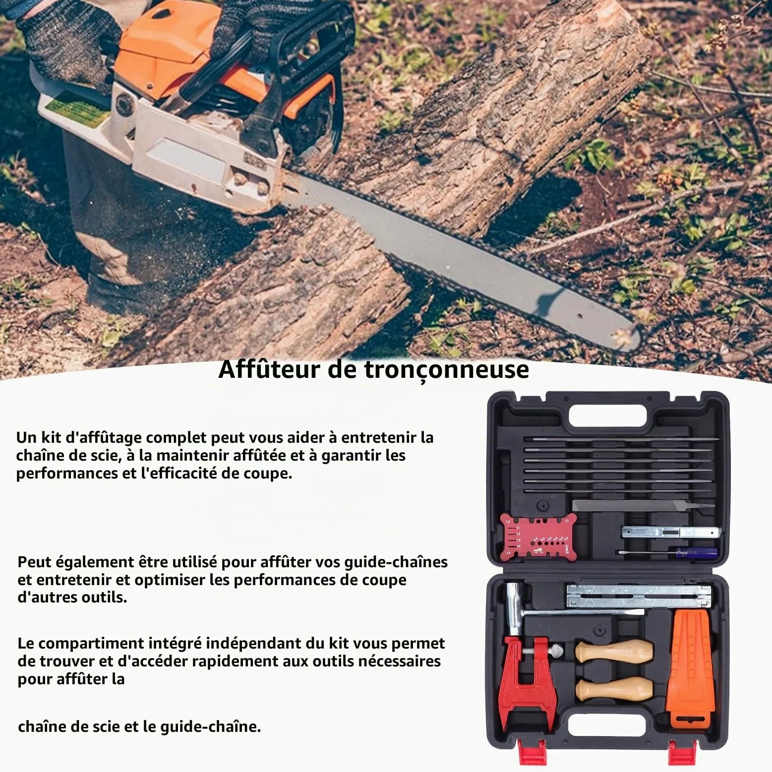 Tyenaza Kit d'affûtage de tronçonneuse 16 pièces avec étui de Rangement, Comprenant Une Lime Ronde, Un Tournevis Plat, Un Guide de Lime, Un Manche en Bois, Une Barre d'abattage et Un Outil de Mesure.