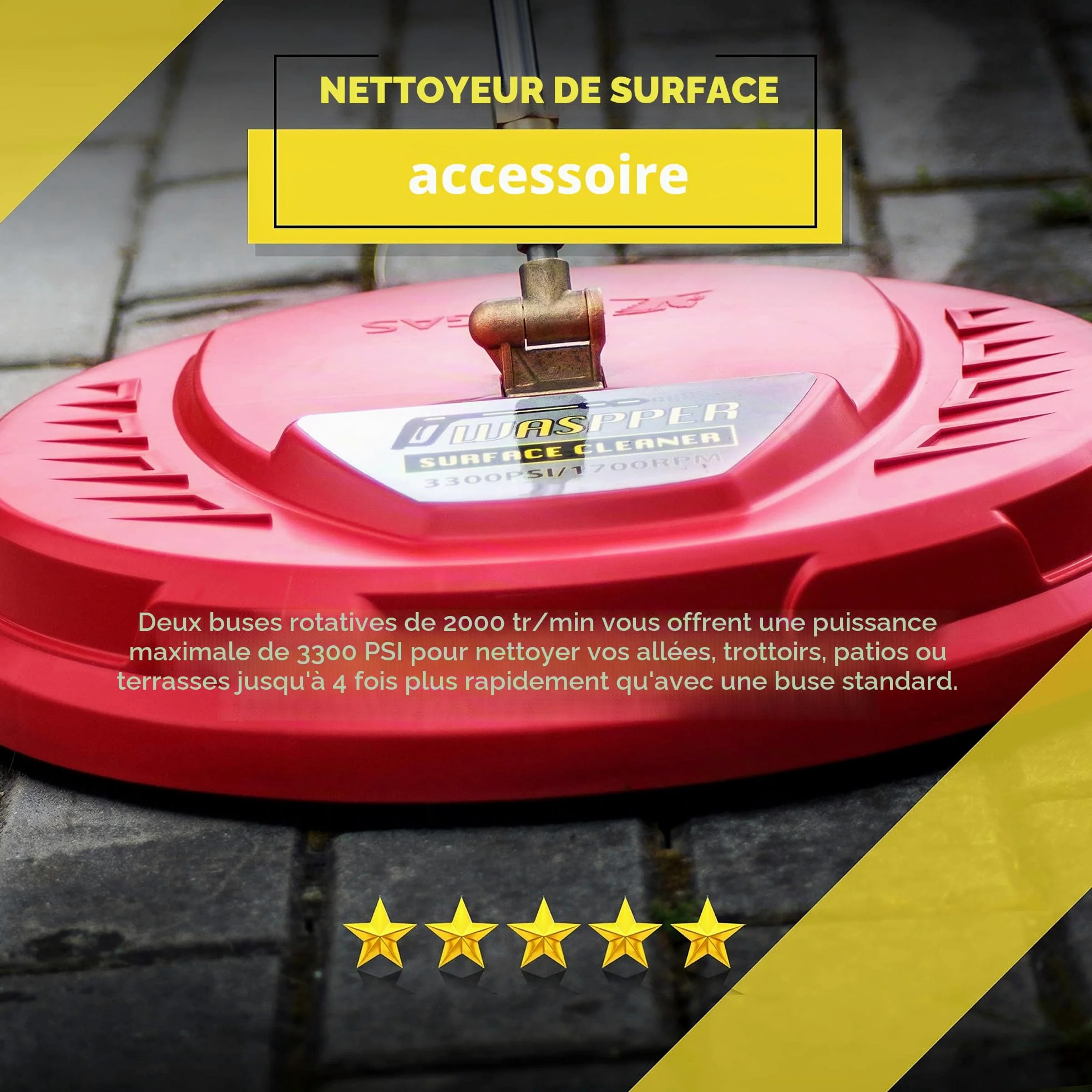 Nettoyeur Surface Haute Pression 3300 PSI – Nettoyeur terrasse Rotatif avec Double buse 1700 RPM – Accessoire Nettoyeur Haute Pression QC 1/4" pour terrasse allée Patio – Waspper SBR11-PSC01