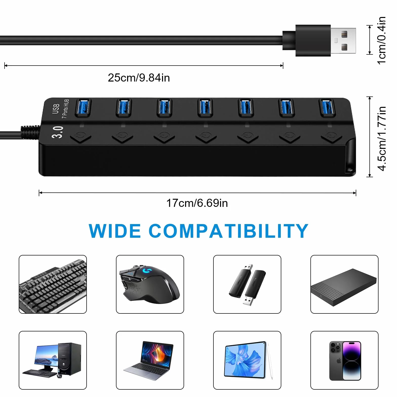 HORJOR Hub USB 3.0 7 Ports avec Interrupteur Séparé et LED, Alimenté Adaptateur Transfert Données Charge Rapide