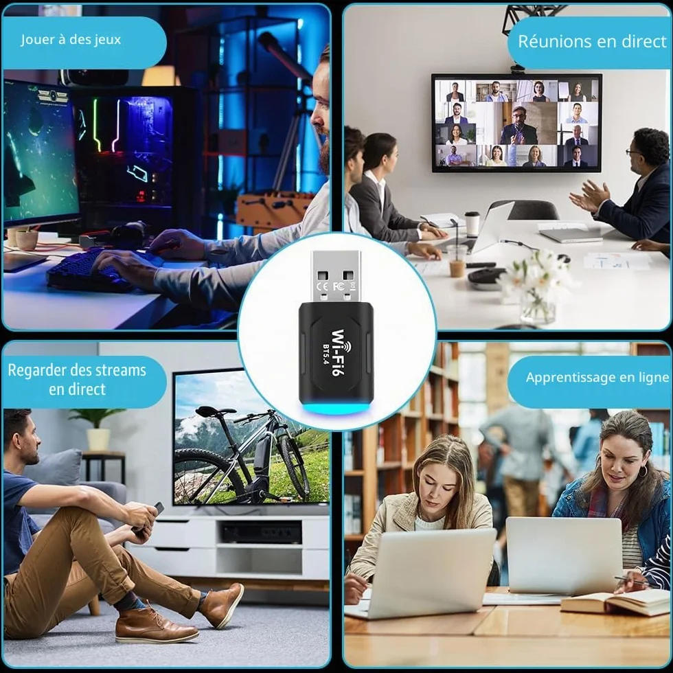 Clé WiFi 6 USB Double Bande 5GHz/2.4GHz Adaptateur WiFi Dongle 2 en 1 Bluetooth 5.4 pour PC Windows 10/11