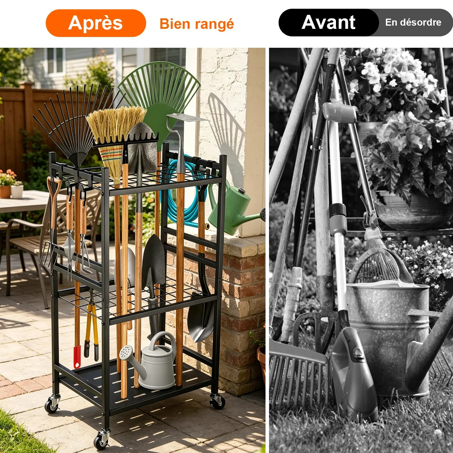 Organisateur d'outils de Jardin 40 Emplacements et 6 Crochets, Support Rangement Outils pour Jardin en Carbone, 42*30*80cm, Étagère de Rangement pour Garage Pelouse Abri Balai Pelle Râteau