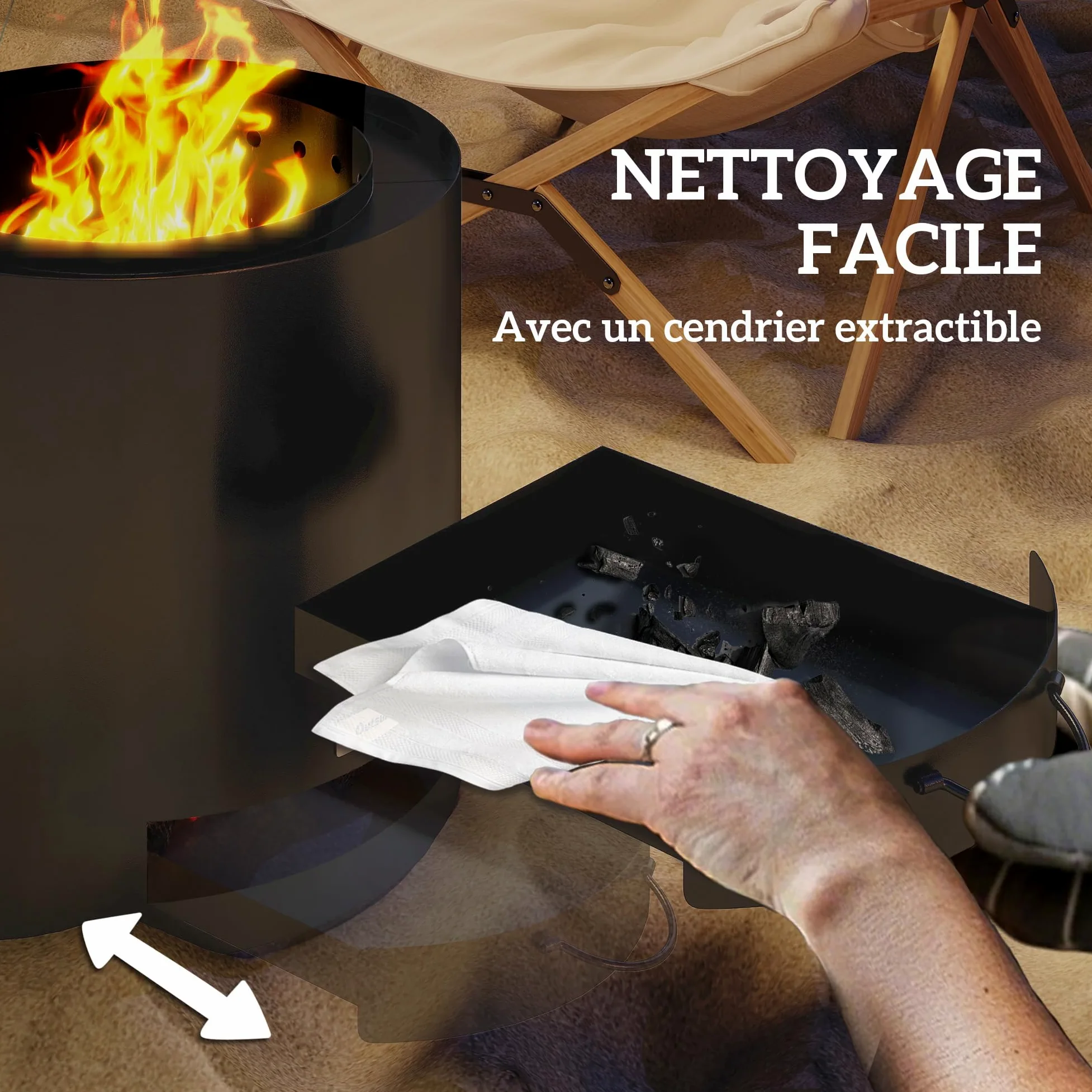 Outsunny Brasero extérieur Ø 45 cm avec bac à Cendres, Acier Noir | Tisonnier inclus, chauffage à charbon de bois pour jardin, camp, cour