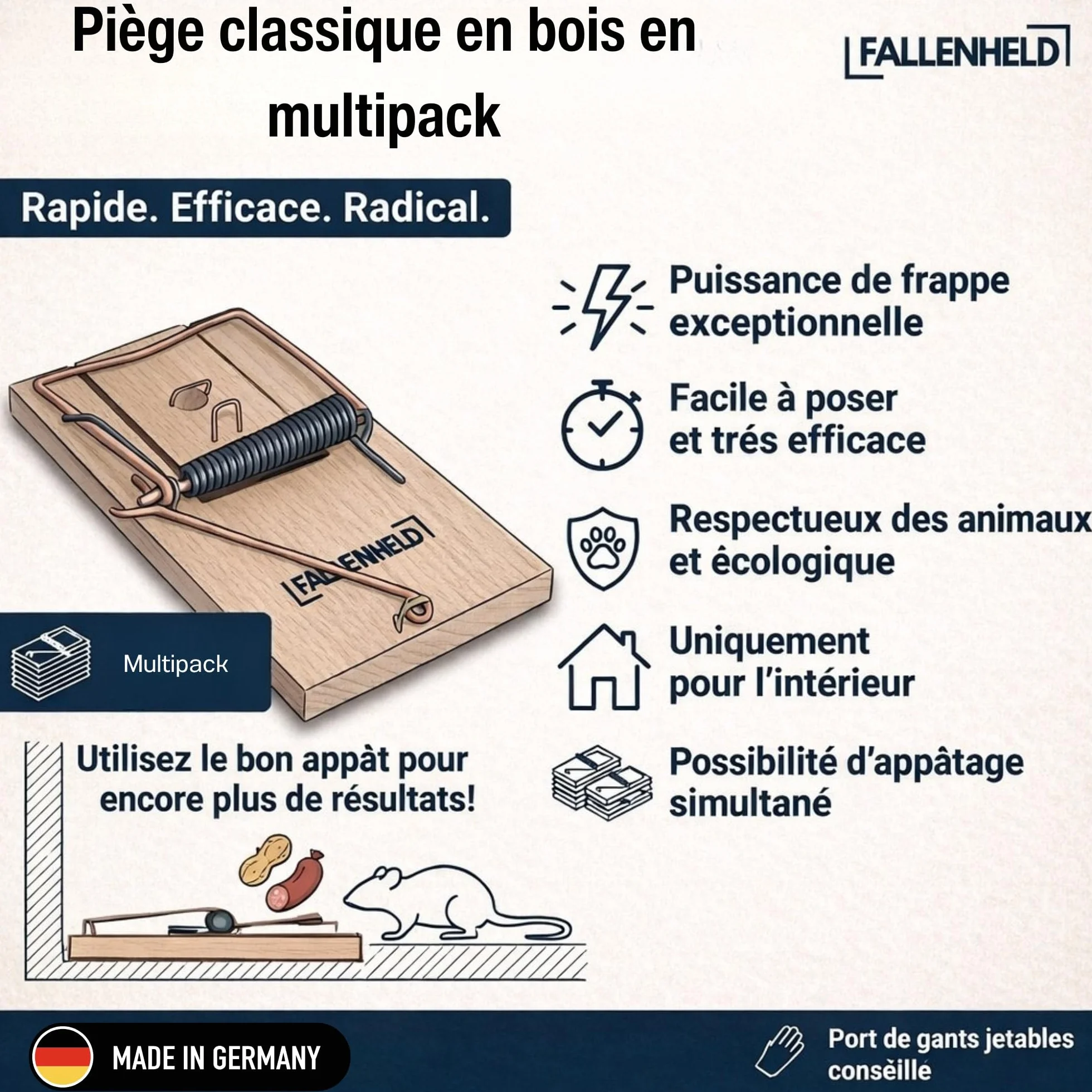 Pièges à Rats en Bois Lot de 5 - Tapette puissante sans Poison, Réutilisable