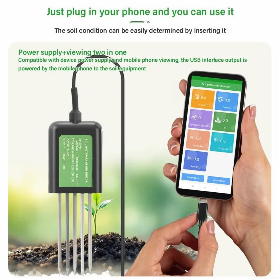 Sonde de sol USB 7 en 1 Testeur de sol avec PH/EC Température Humidité NPK Analyse de l'humidité IP68 Étanche Interface USB pour appareils Android pour l'agriculture, le jardinage et la