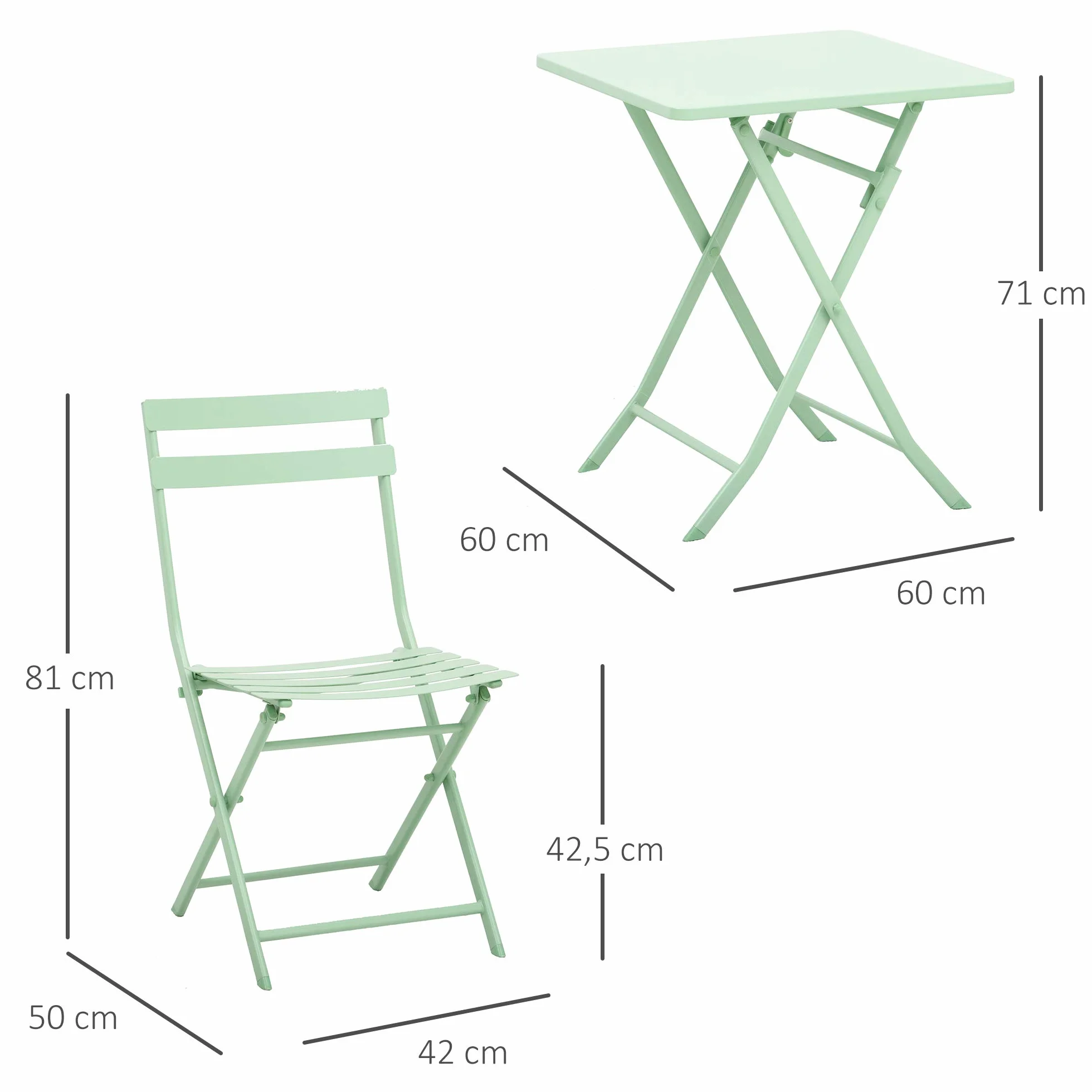 Outsunny Salon de Jardin Bistro Pliable Table Carrée 60x60x71 cm Métal Thermolaqué Vert d'Eau avec 2 Chaises