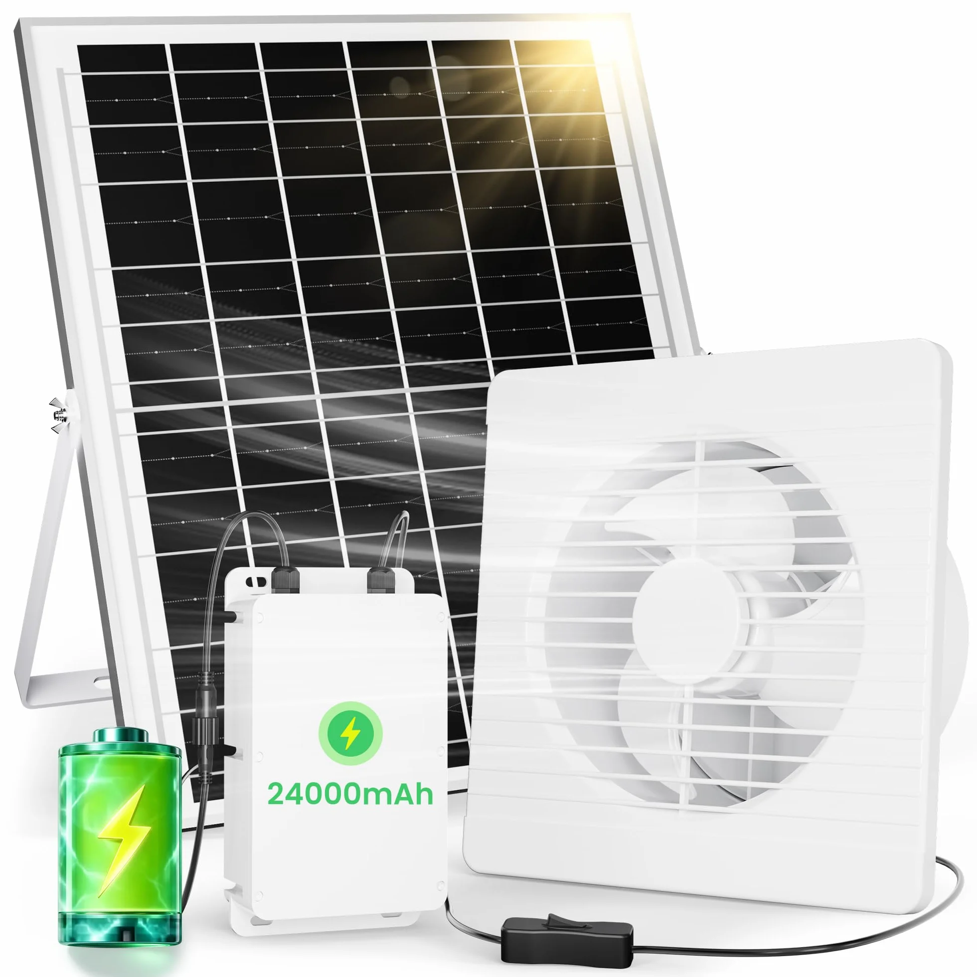 Ventilateur d'extraction Solaire 24000mAh 25W avec Batterie et clapet Anti-Retour, étanche