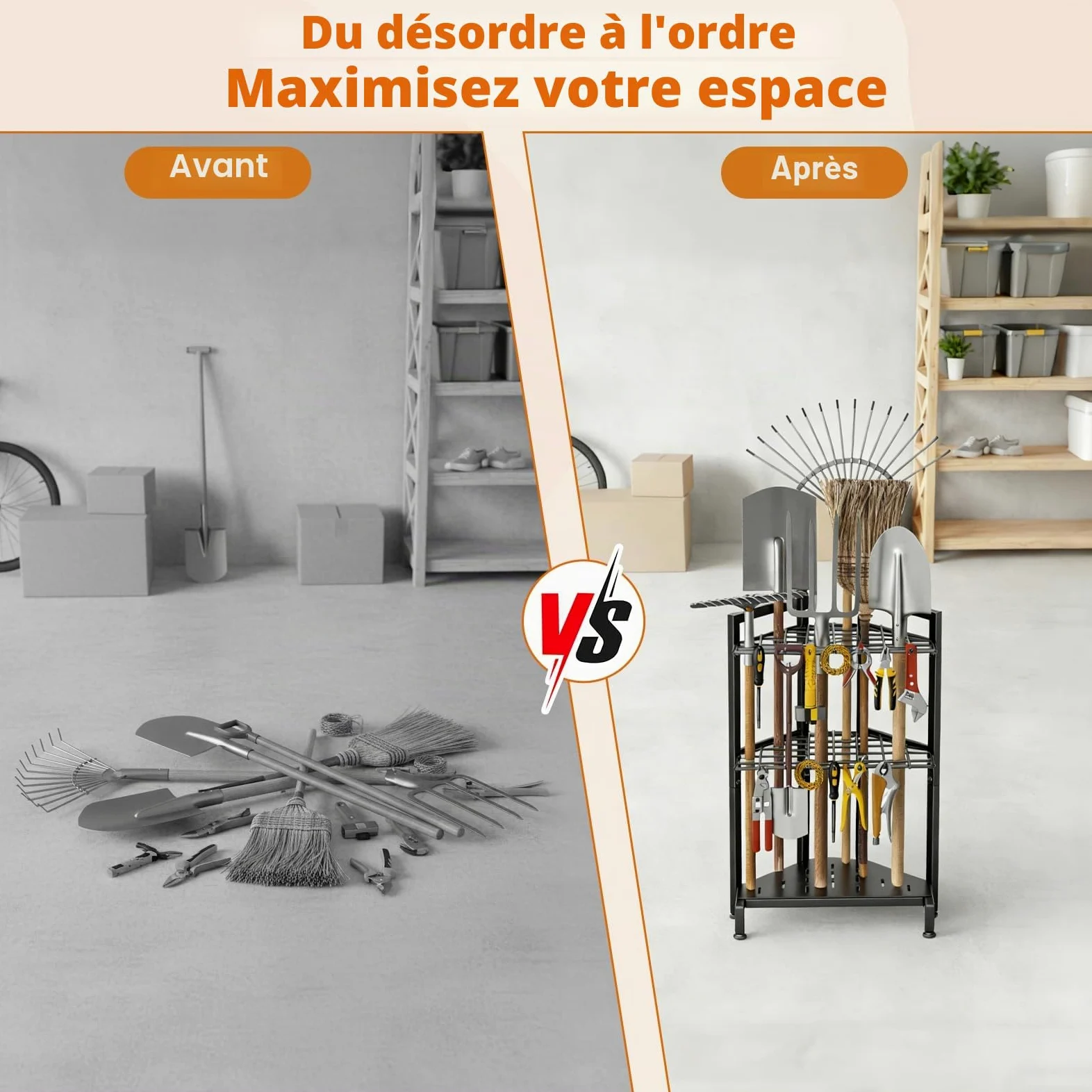 Organiseur D'Outils de Jardin éTagèRe à Outils de Jardin pour Coin Support en MéTal Robuste avec 34 Compartiments De Rangement Et 14 Crochets pour Pelles, RâTeaux, Outils à Long Manche