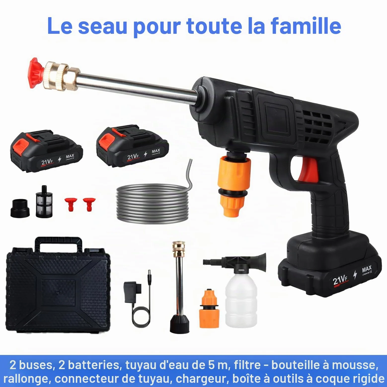 Nettoyeur Haute Pression Portable sans Fil, 21V Nettoyeur Haute Puissance avec 2 Batteries & Tuyau de 5m, Pistolet de Nettoyage Haute Pression pour Voiture,Jardin,Sol,Arrosage
