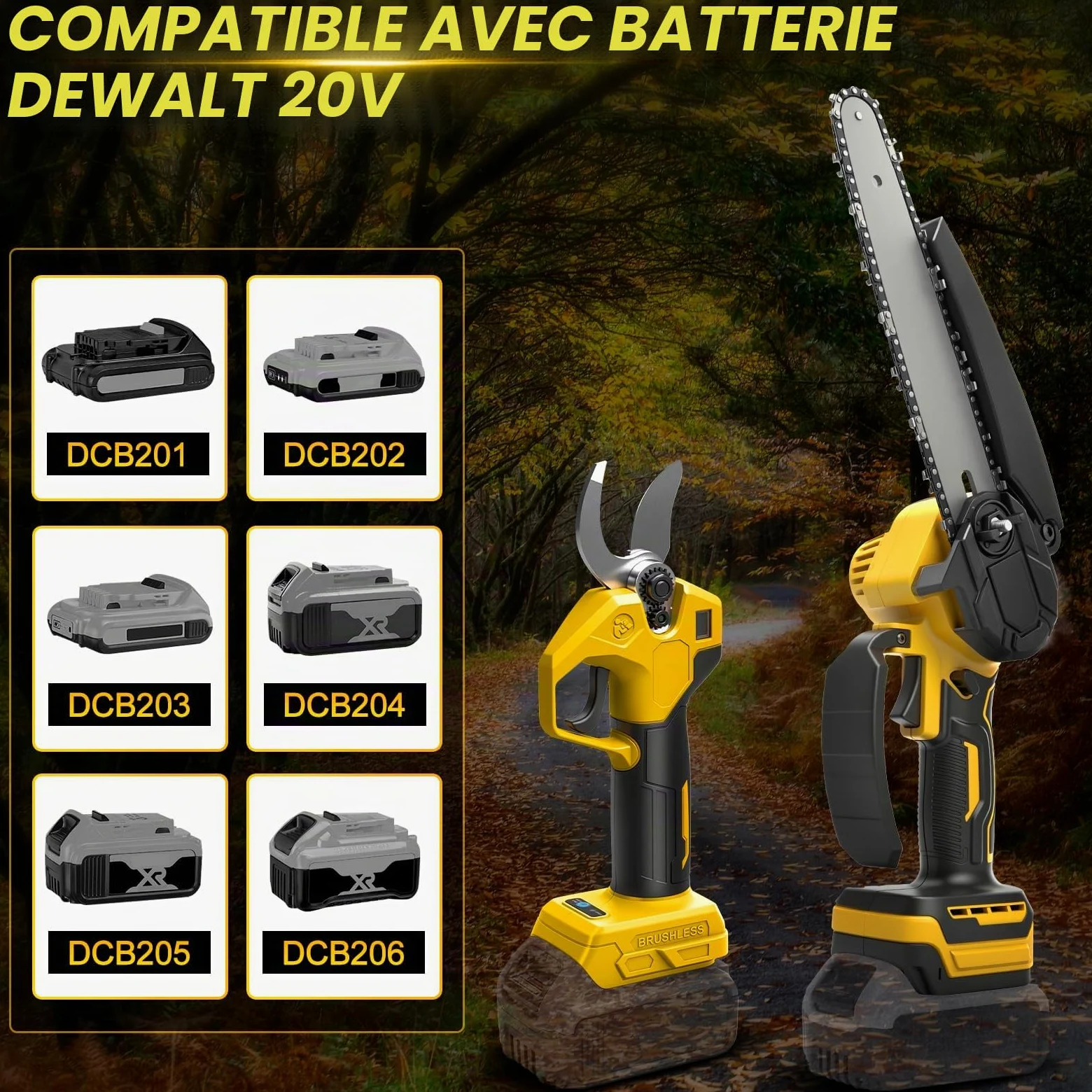 Mini Tronconneuse avec Perche 8 Pouces & Secateur Electrique 28 mm | Telescopique, pour Dewalt 18 V, 20 V batterie, 4 en 1 Élagueuse sur Perche, Portée Maximale 4,5 m