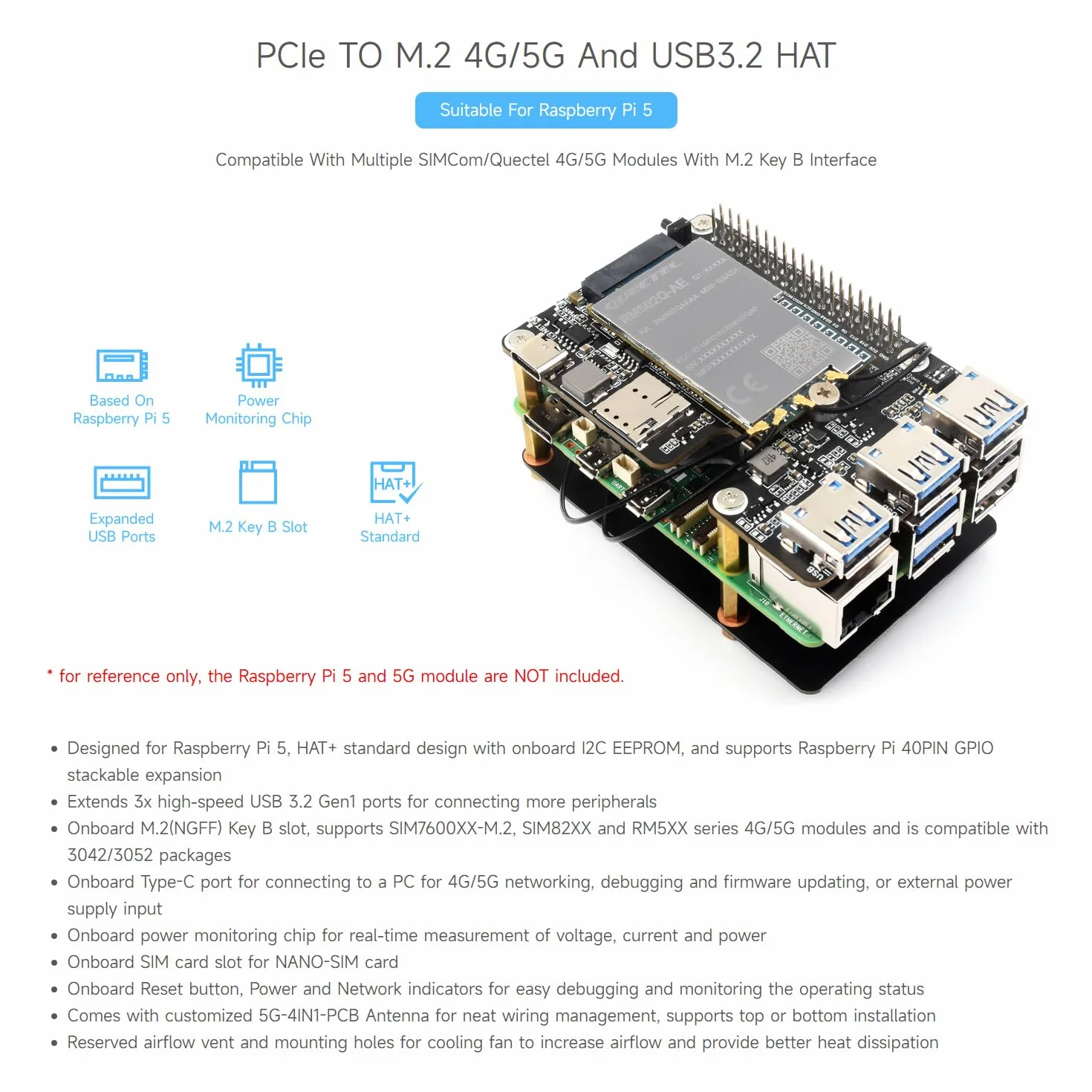 Waveshare PCIe to M.2 4G/5G USB 3.2 Hat Cellular Modem for Raspberry Pi 5