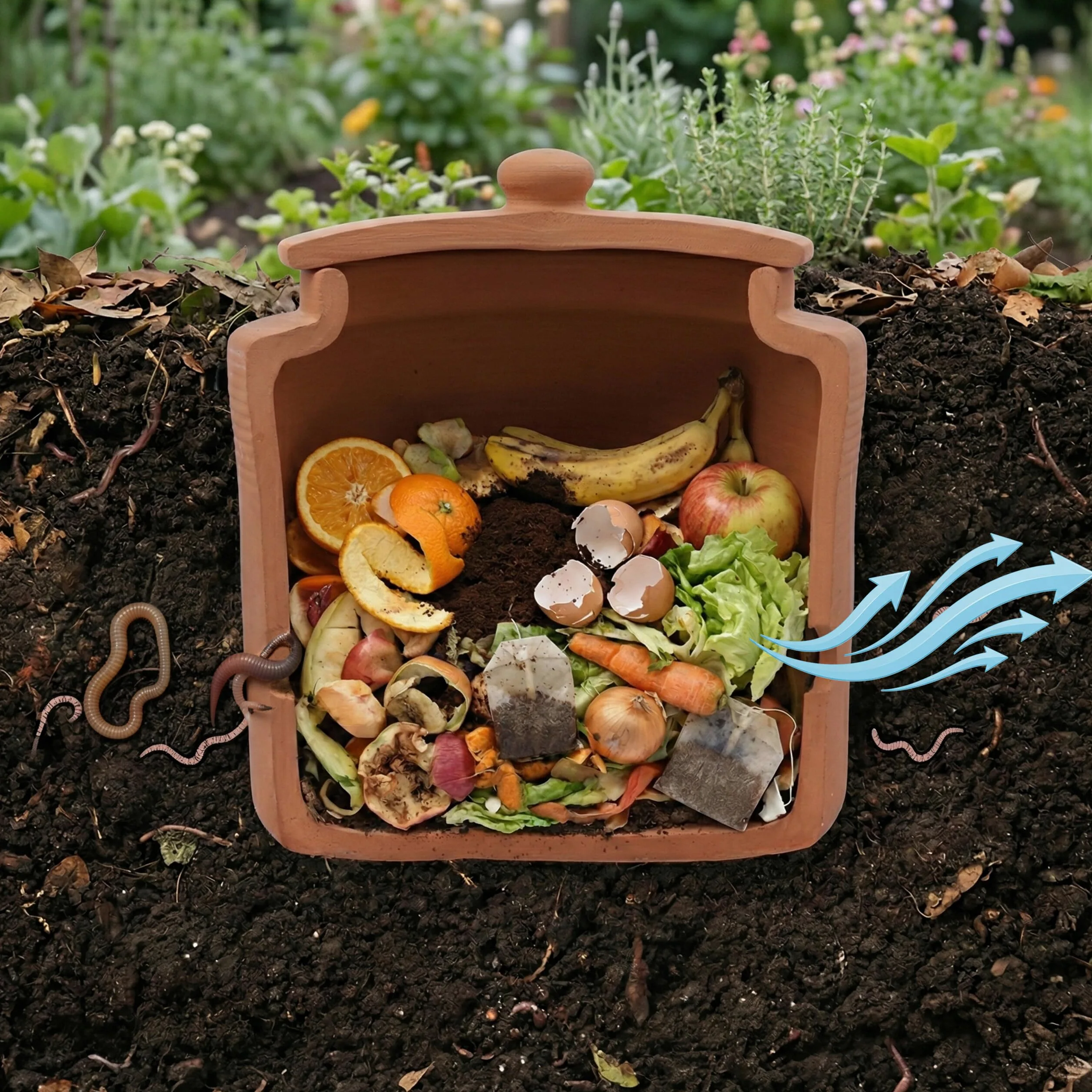 Vermicomposteur Relaxdays à enterrer, 5 L, bac à vers pour déchets de Cuisine, Couvercle, Jardin & Potager, Terre Cuite