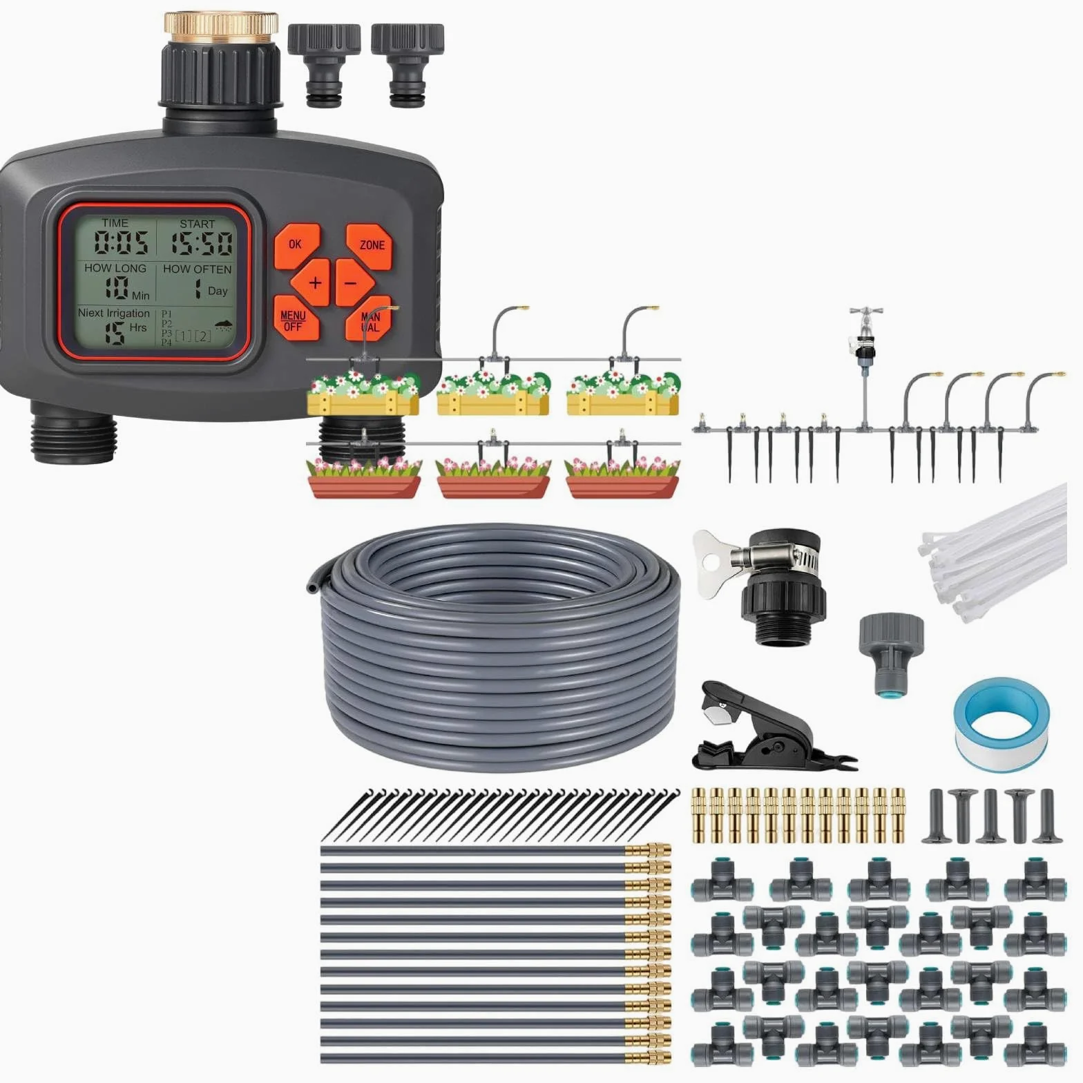 Système d'Irrigation Jardin 20M Tuyau avec Programmateur Arrosage Automatique 2 Voies, Minuterie d'arrosage Retard de Pluie, Kit Arrosage Micro Irrigation Goutte à Goutte pour Pelouse et Jardin
