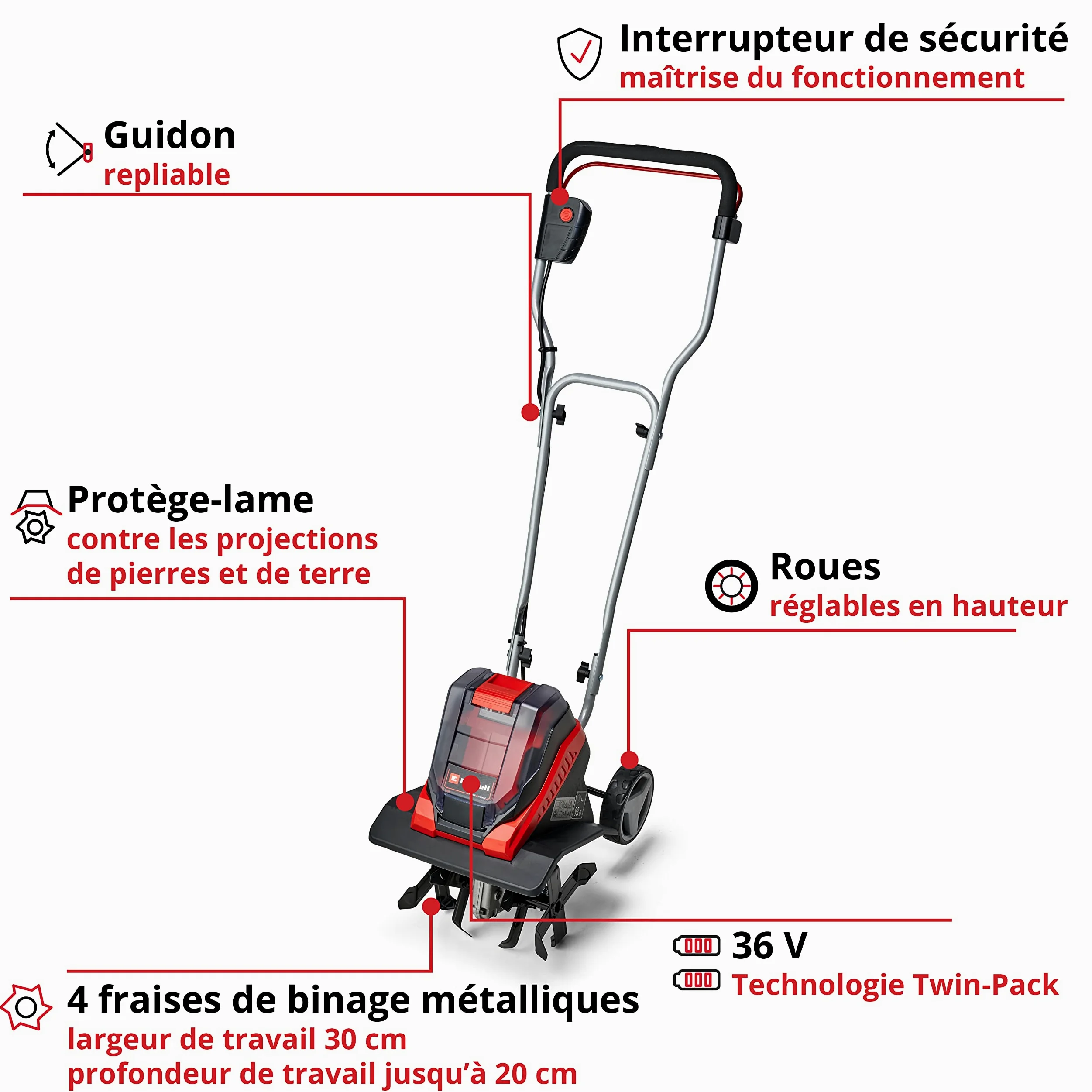 Einhell Motobineuse sans fil GE-CR 30 Li Solo - Système Power X-Change (2x18 V, Largeur de travail 30 cm, Profondeur de travail 20 cm) + Twincharger et 2 Batteries 4,0Ah