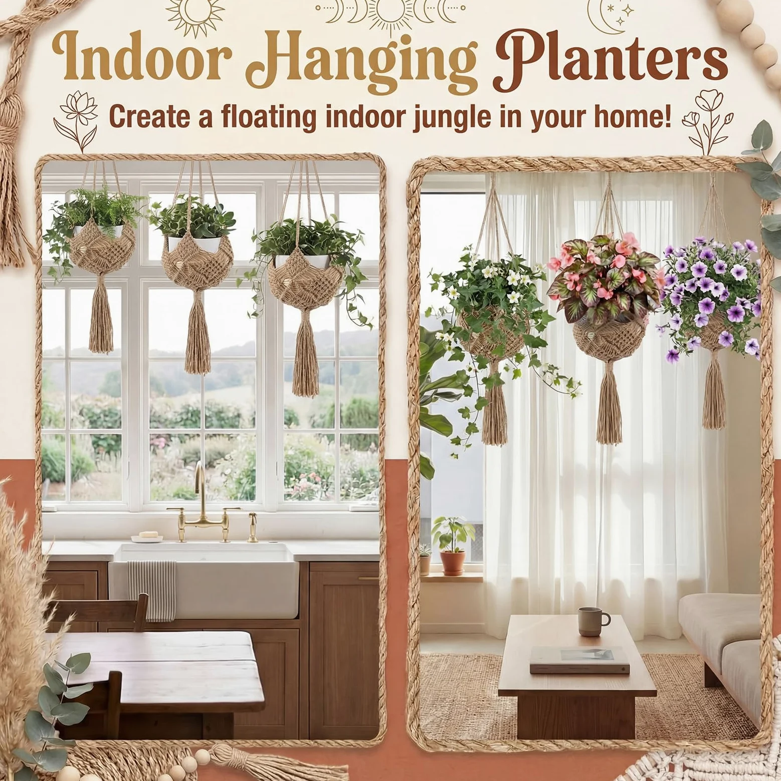 Sliner Lot de 3 cintres longs en jute pour plantes macramé avec lumières et crochets - Paniers suspendus bohème pour intérieur et extérieur - 3 tailles différentes