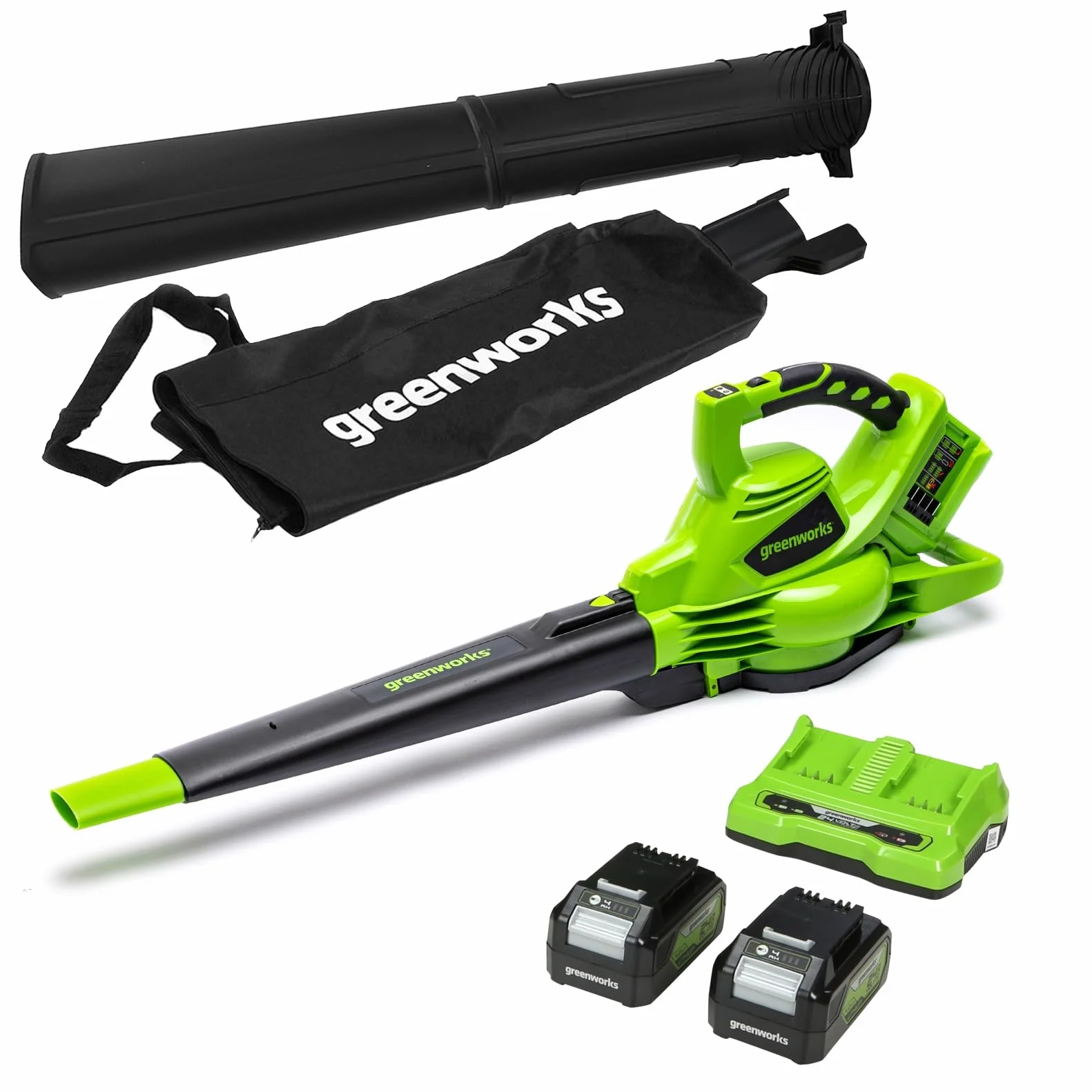 Greenworks GD24X2BVK4X Aspirateur Souffleur Sans fil 322km/h 9m³/min Sac Mulching 45L 2 Batteries 24V 4Ah