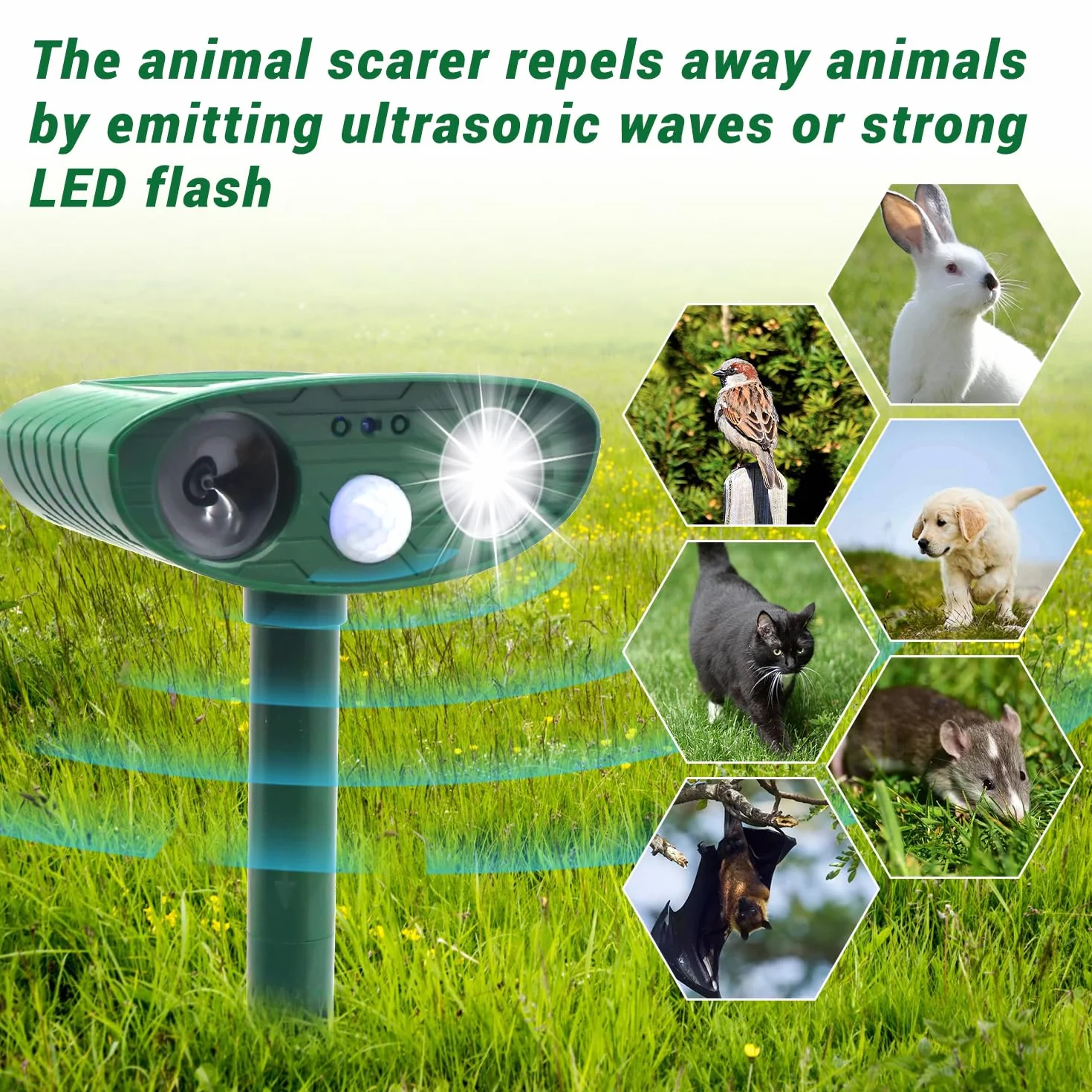 Répulsif Chat Ultrason Solaire Étanche Exterieur avec LED Détecteur de Mouvement pour Jardin Contre Chiens Chats Oiseaux Renards Rats
