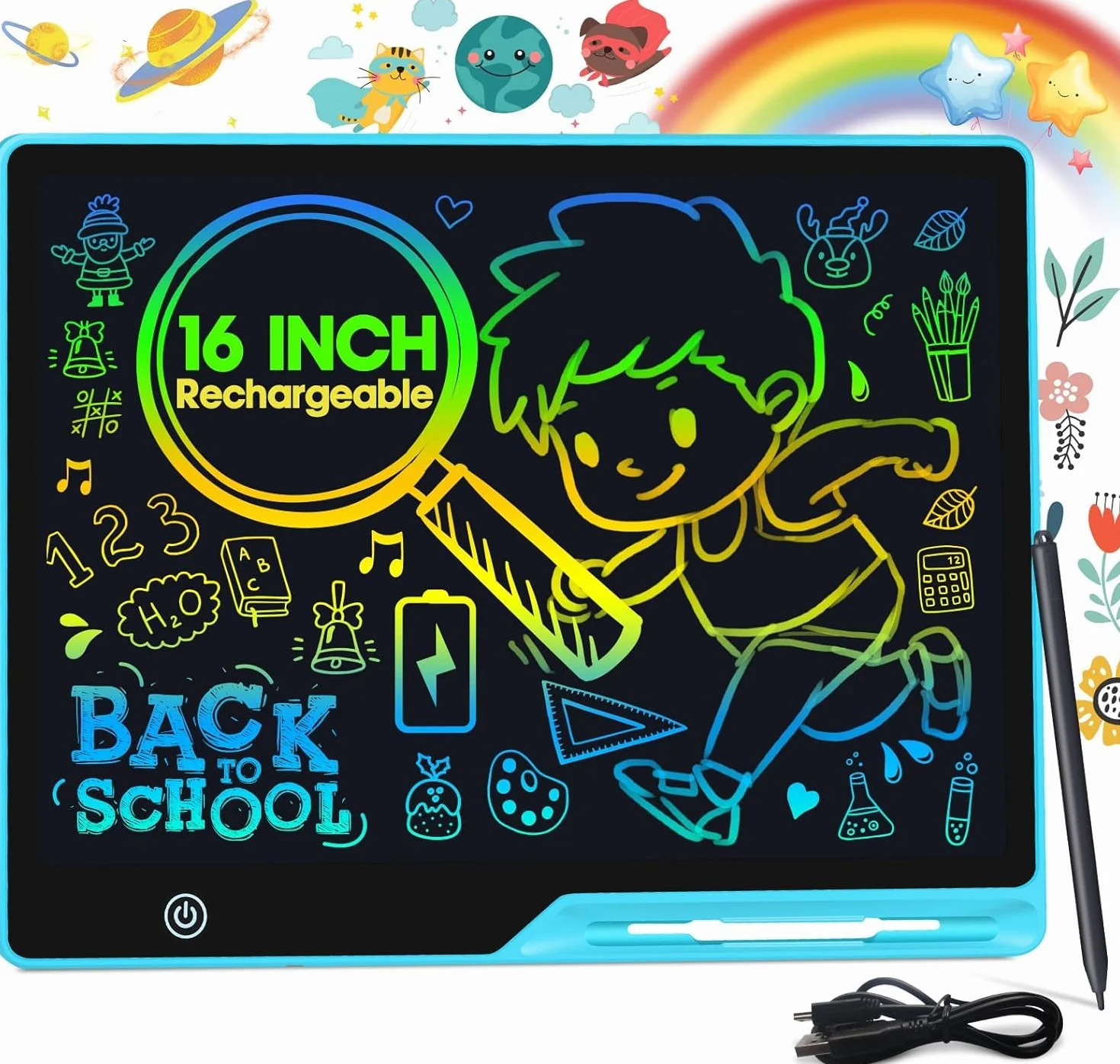 POPEPFUN Tablette Dessin Enfant 16 Pouces Rechargeable, Ardoise Magique Multicolore, Tablette d'écriture LCD pour Enfants 2-10 Ans