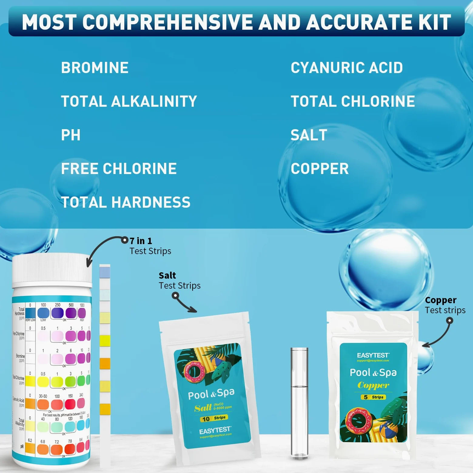 EASYTEST 140 bandelettes de test de piscine à 9 voies, jacuzzi et spa, pour le pH, le chlore total, le chlore libre, le brome, l'alcalinité, la dureté totale, l'acide cyanurique, le sel et le cuivre