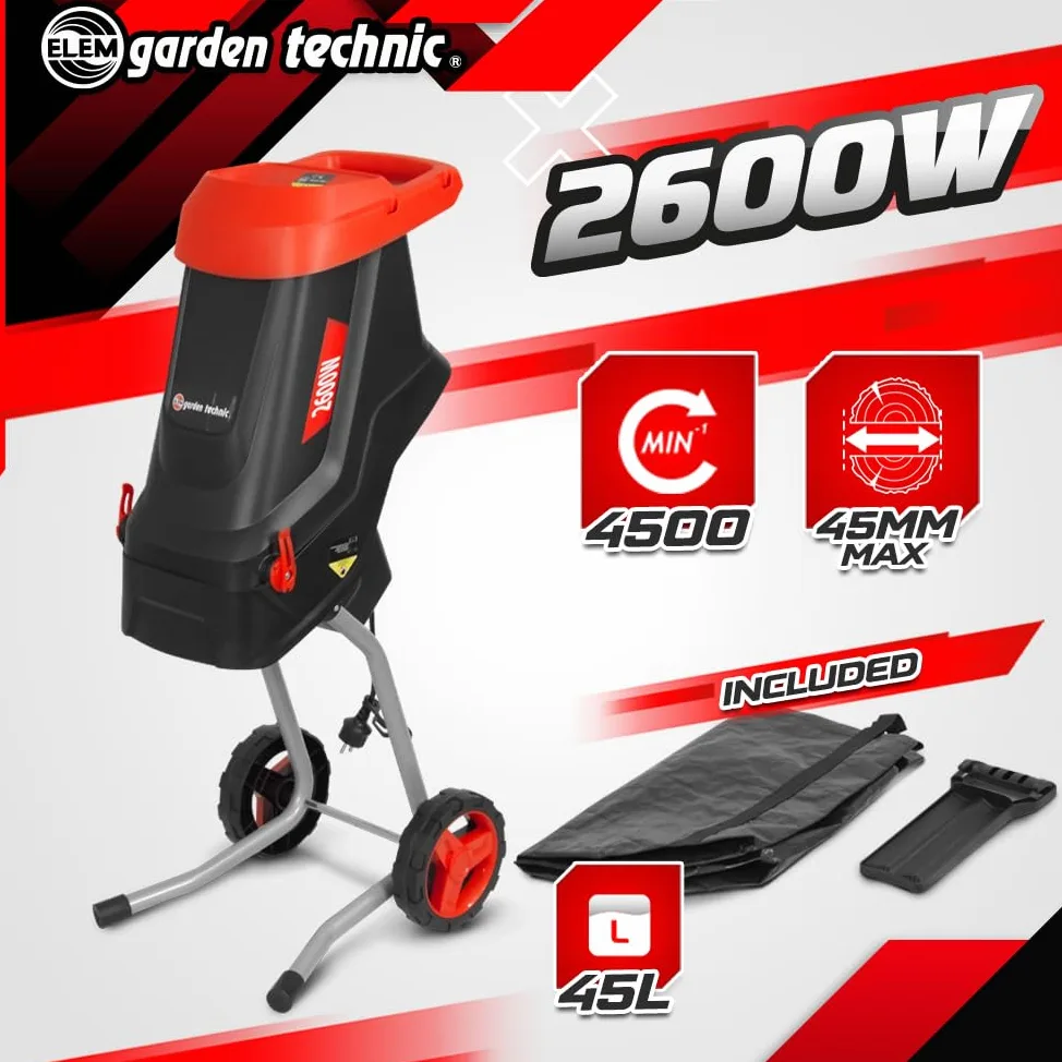 Broyeur de végétaux électrique 2600W avec sac récupérateur de 45L