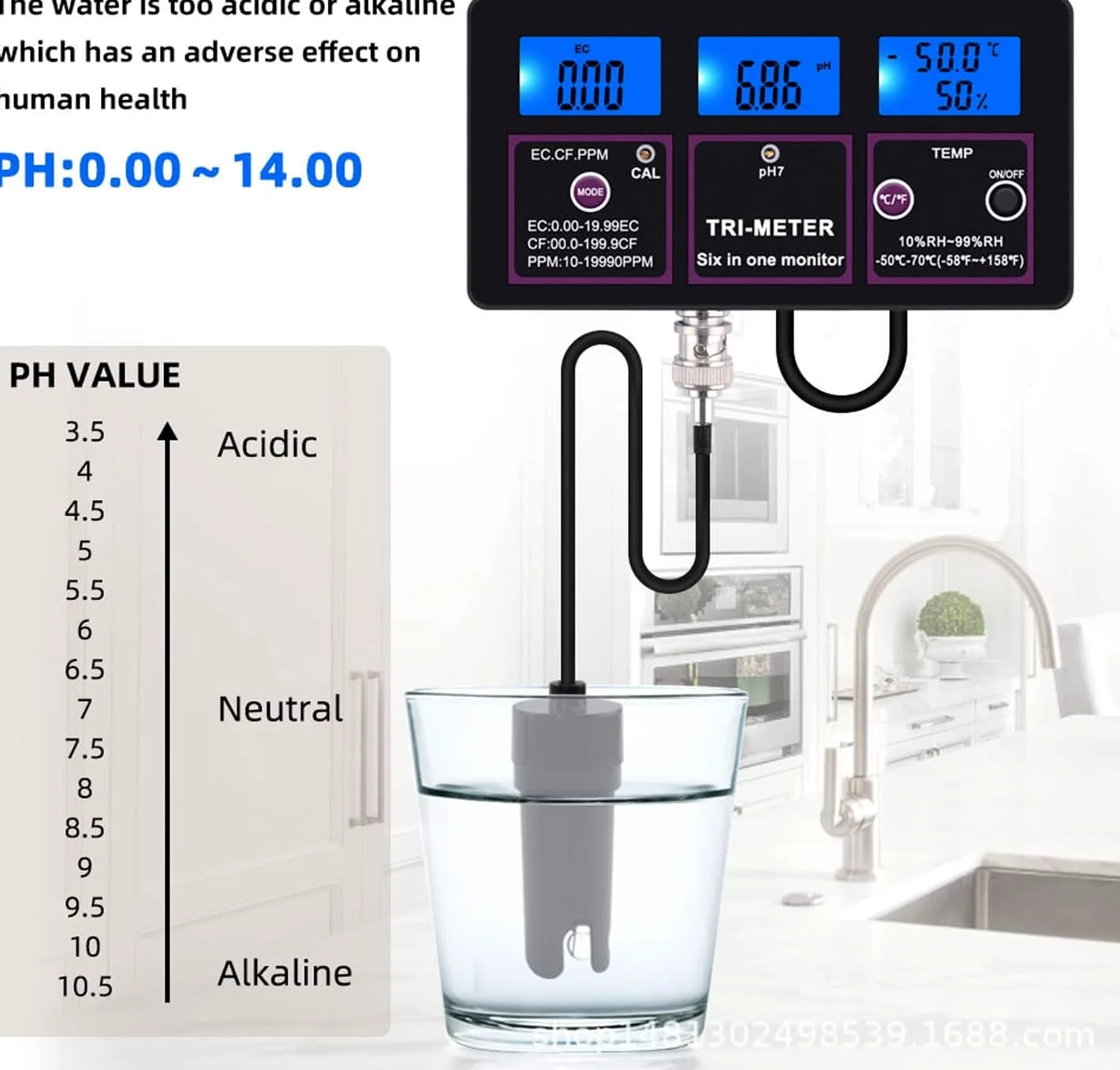 Testeur de qualité de l'eau 6 en 1, multiparamètre Professionnel pour Aquarium pour Test PH/Temp/EC/CF/RH/TDS, pour Sources d'eau, Aquarium, Culture hydroponique