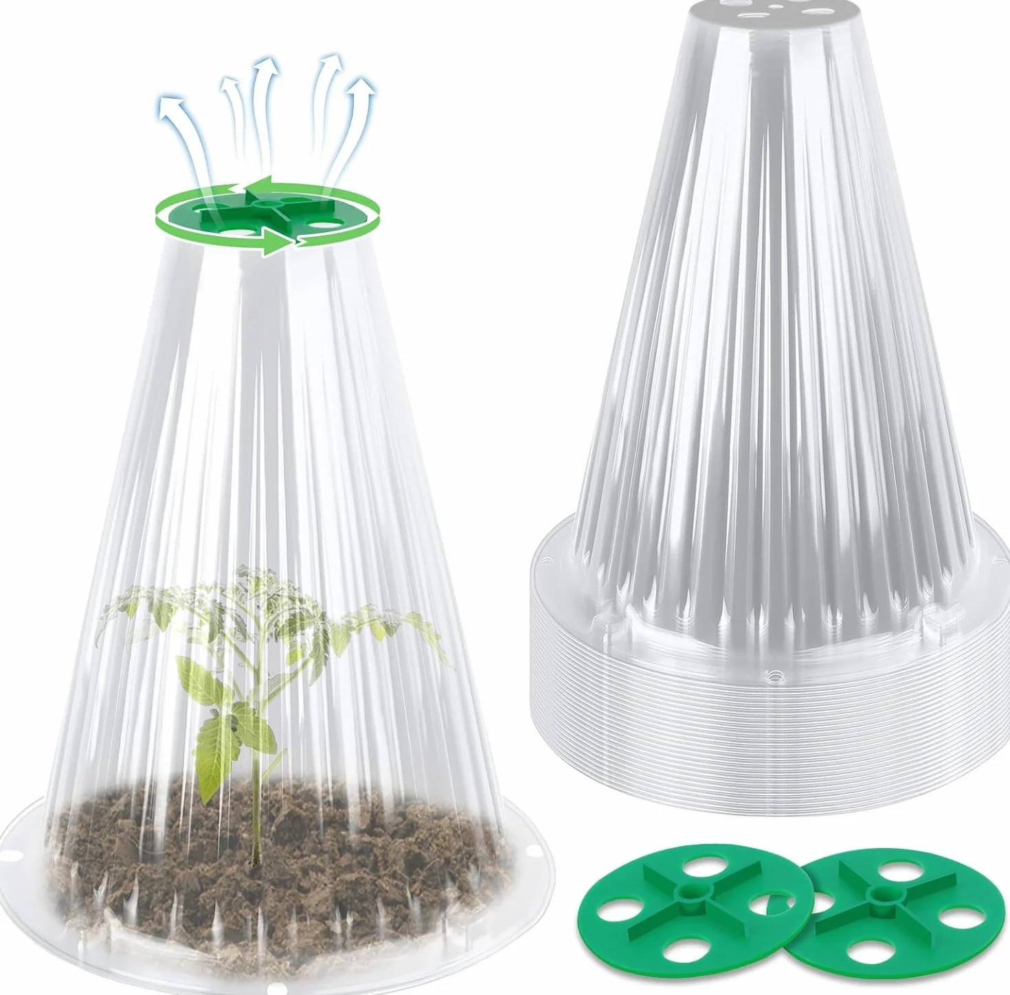 Cloche Jardin Potager Lot de 30, Protection Réutilisable pour Plantes avec Couvercle de Ventilation Rotatif, 24 x 20,5 cm Transparent