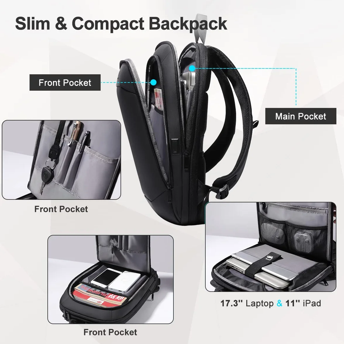 Sac à Dos Ordinateur Portable 17 Pouces Antivol Imperméable USB 27L Noir