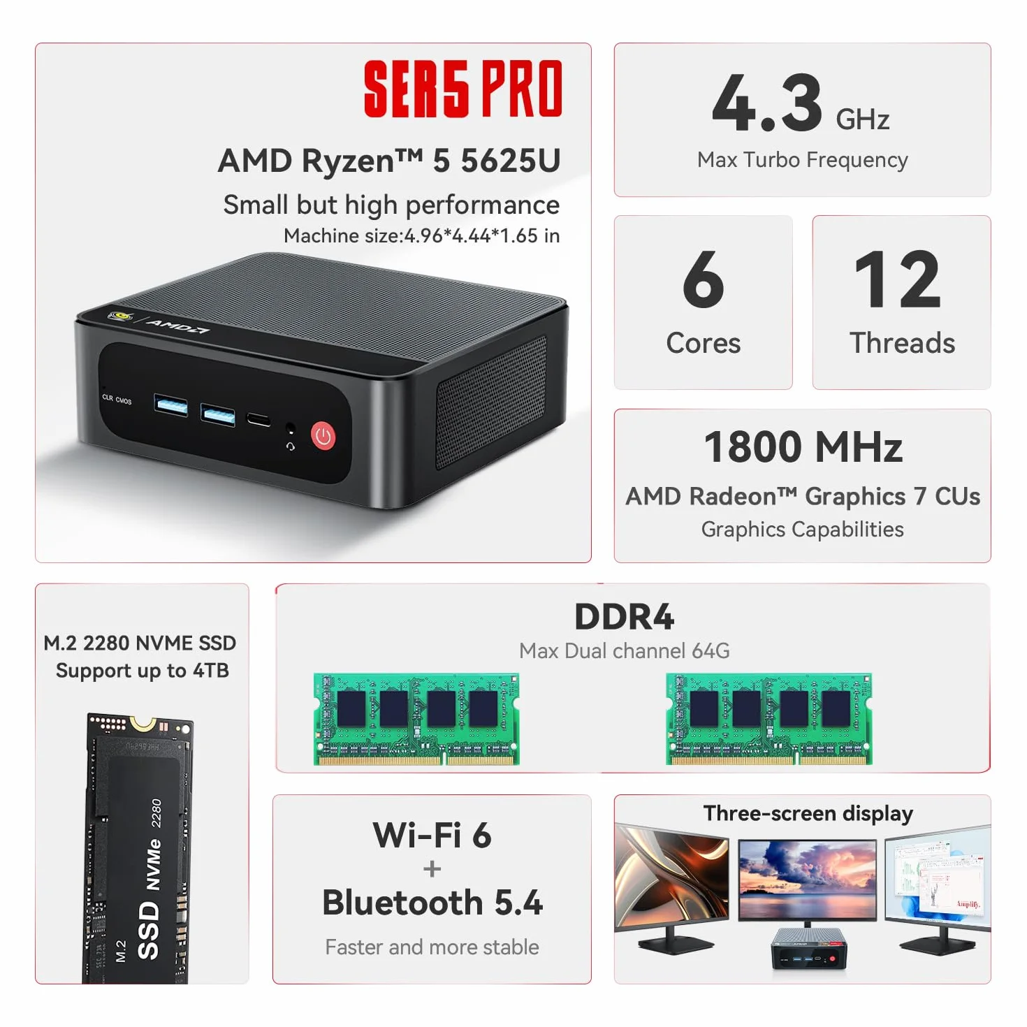 Beelink SER5 Pro Mini PC AMD Ryzen 5 5625U 16 Go RAM DDR4 480 Go SSD WiFi 6 BT5.4