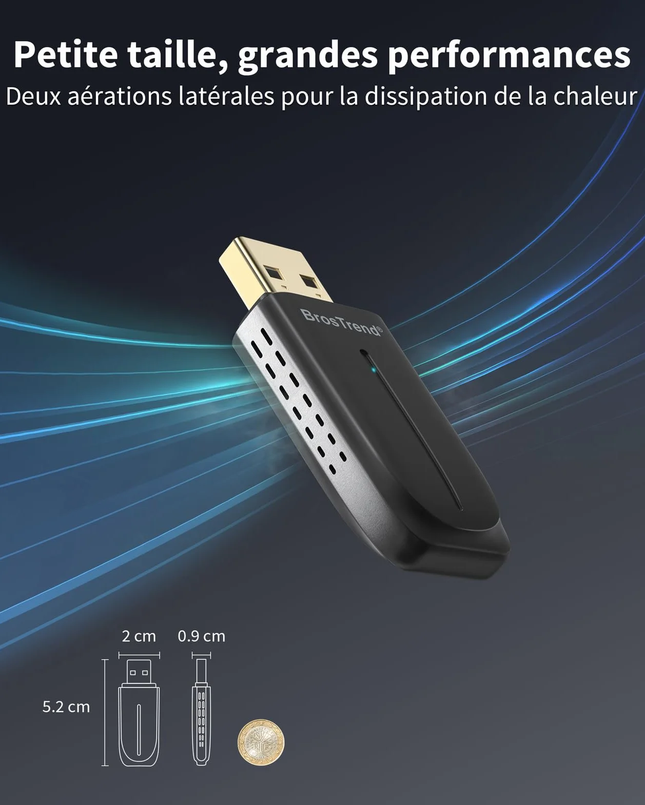 BrosTrend Clé WiFi Bluetooth PC AX900 BT 5.4 WiFi 6 USB Adaptateur Double Bande 5GHz 600Mbps 2.4GHz 286Mbps MU-MIMO