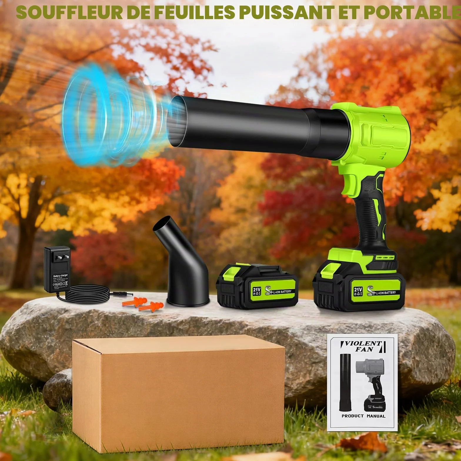 Souffleur de Feuilles sans Fil avec 2 Batteries 4,0 Ah et Chargeur | Souffleur Feuille pour Jardin, Terrasse, Voiture, Feuilles, Poussières, Neige, 800000 TR/Min, Vitesse d'air 65 m/s