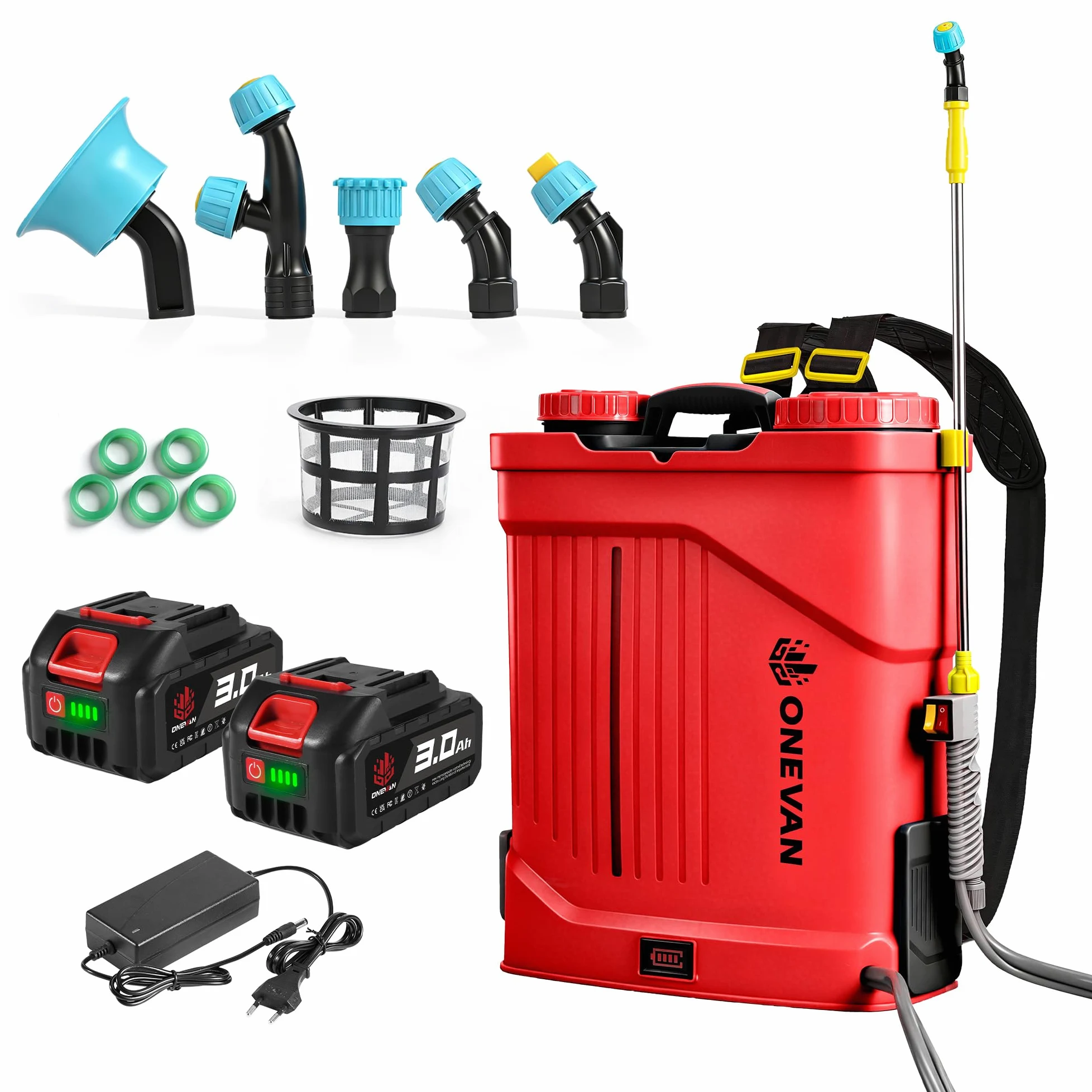 ONEVAN Pulvérisateur Électrique 20L Fonction Agitateur 5 Buses & 2 Batterie | 0-100 PSI Réglable, lance télescopique jusqu'à 41", 20 réservoirs, 5 buses, système de mélange intégré pour plus d'efficacité