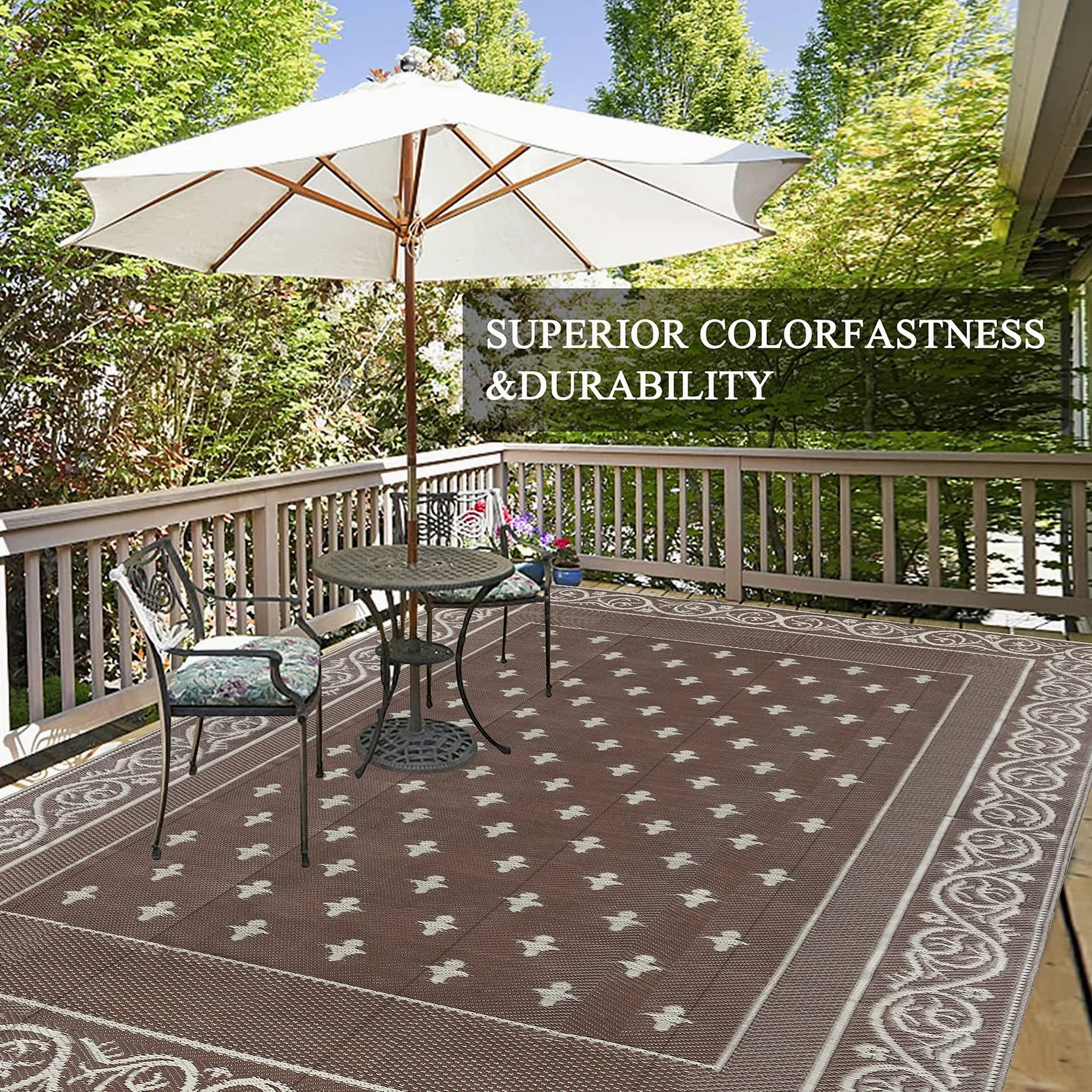 Pauwer Grand tapis de sol réversible en plastique imperméable de 2,7 x 3,6 m, pour extérieur, camping-car, jardin, terrasse, jardin, terrasse, pique-nique, plage, remorque, camping - Marron