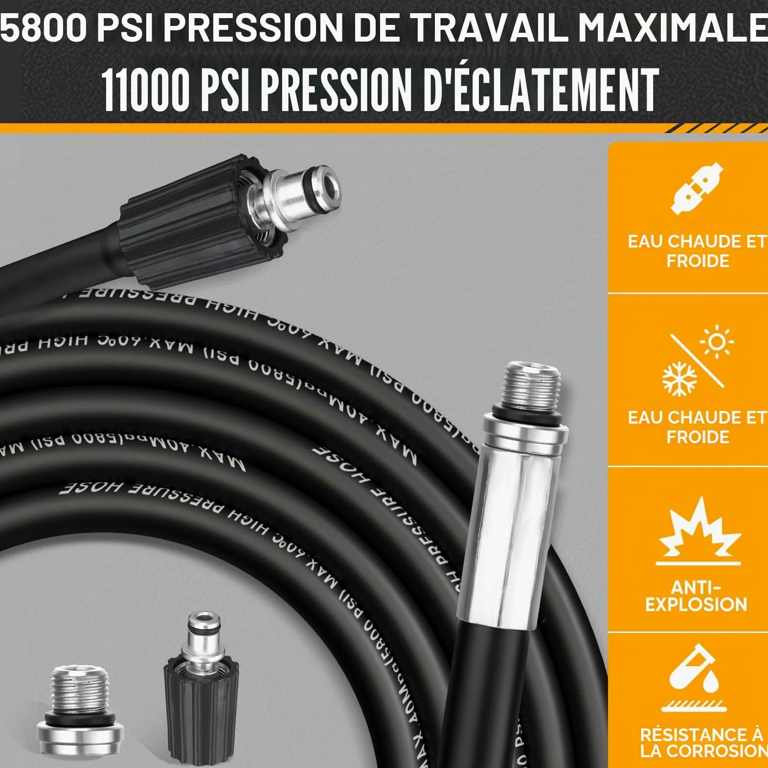 Flexible de Curage 15 m pour Karcher, Bosch Professional 3 | 400 bar/5800 PSI, compatible avec Karcher K2-K7 avec raccord adapté, Bosch Professional et Lavor, pour tuyaux et évacuations