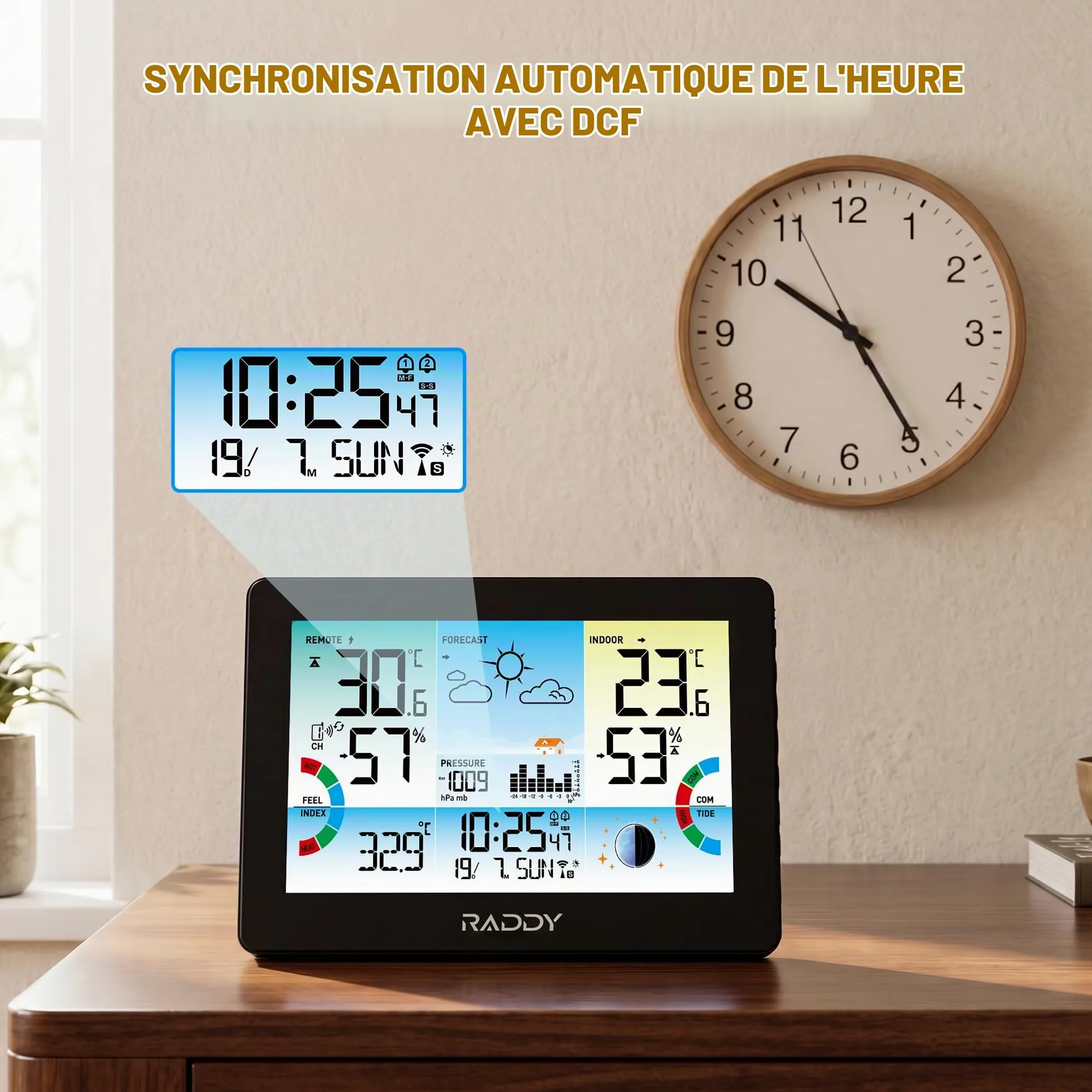 Raddy HW75 Station Météo Sans Fil Intérieur Extérieur, Écran Couleur 7,5", Thermomètre Hygromètre avec Pression Barométrique, Horloge Atomique, Indice de Chaleur, Point de Rosée, Phase Lunaire, Jardin