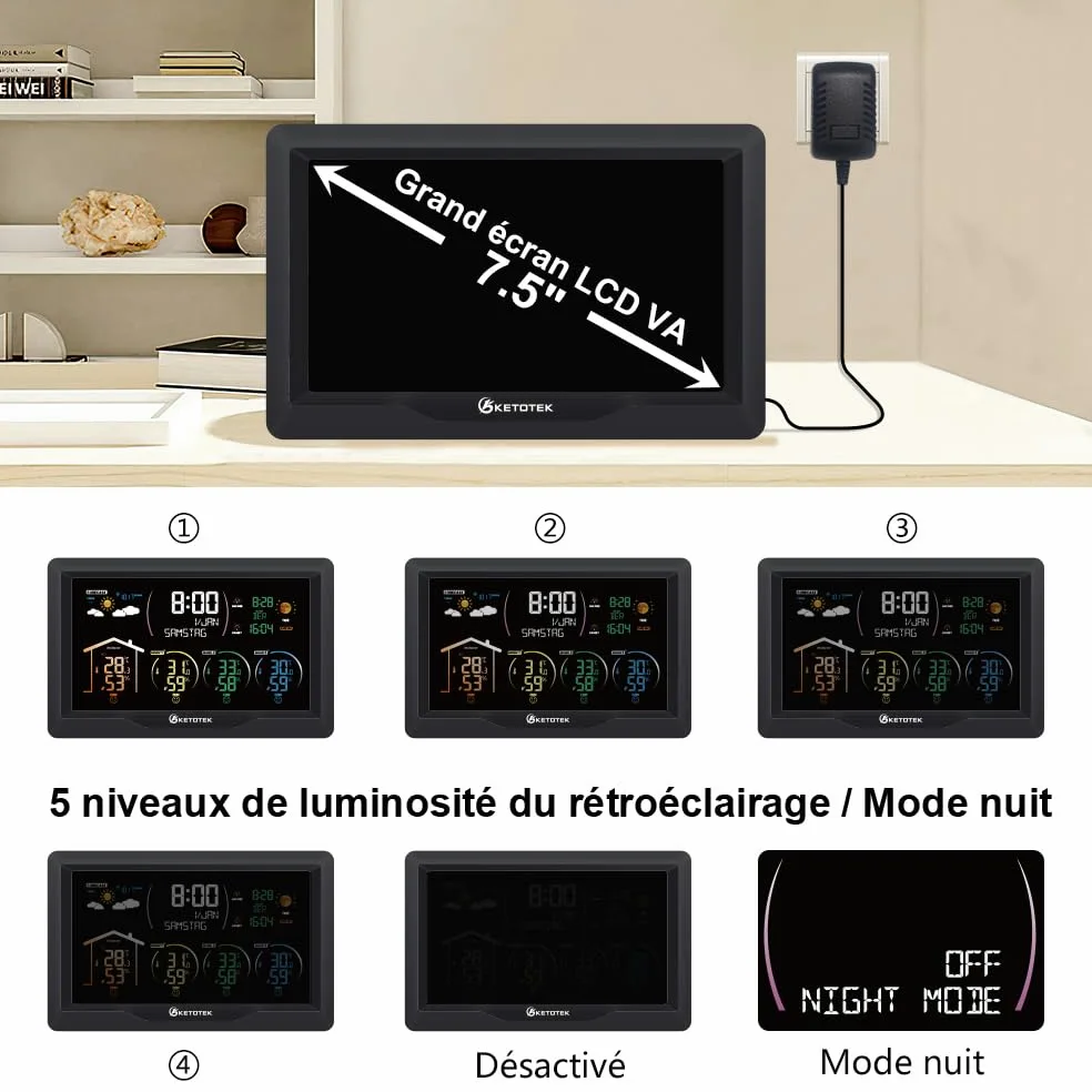 KETOTEK Station Meteo Interieur Exterieur Sans Fil Thermometre Hygrometre | avec 3 Capteurs 7,5" VA LCD Affichage Baromètre, Prévisions Météorologiques, Réveil, Lever et coucher du soleil