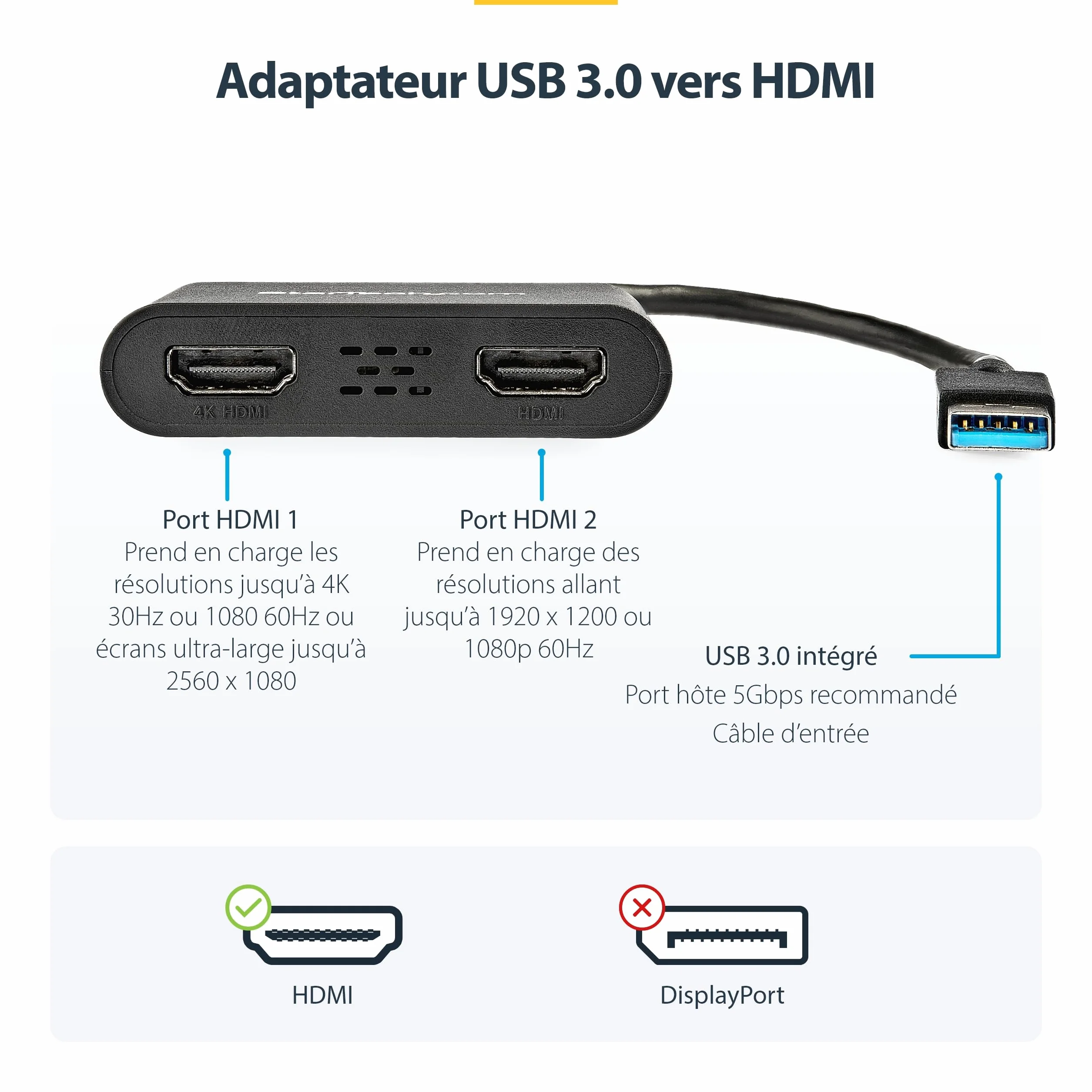 StarTech Adaptateur USB-A 3.0 vers Double HDMI 4K 30Hz 1080p 60Hz pour Double Écran
