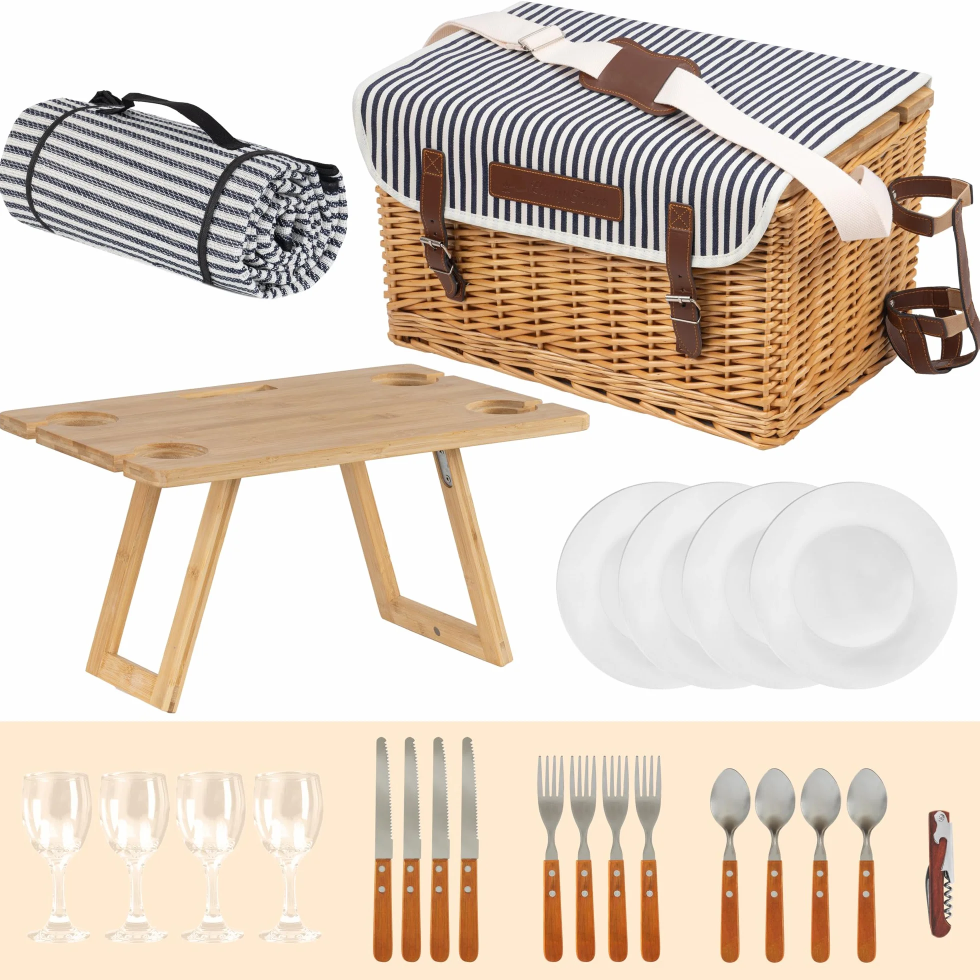 CampFeuer Panier de pique-nique pour 4 personnes avec ensemble de vaisselle et table de service - 25 pièces - Valise de pique-nique avec motif intérieur rayé - Panier en osier avec sangles en cuir