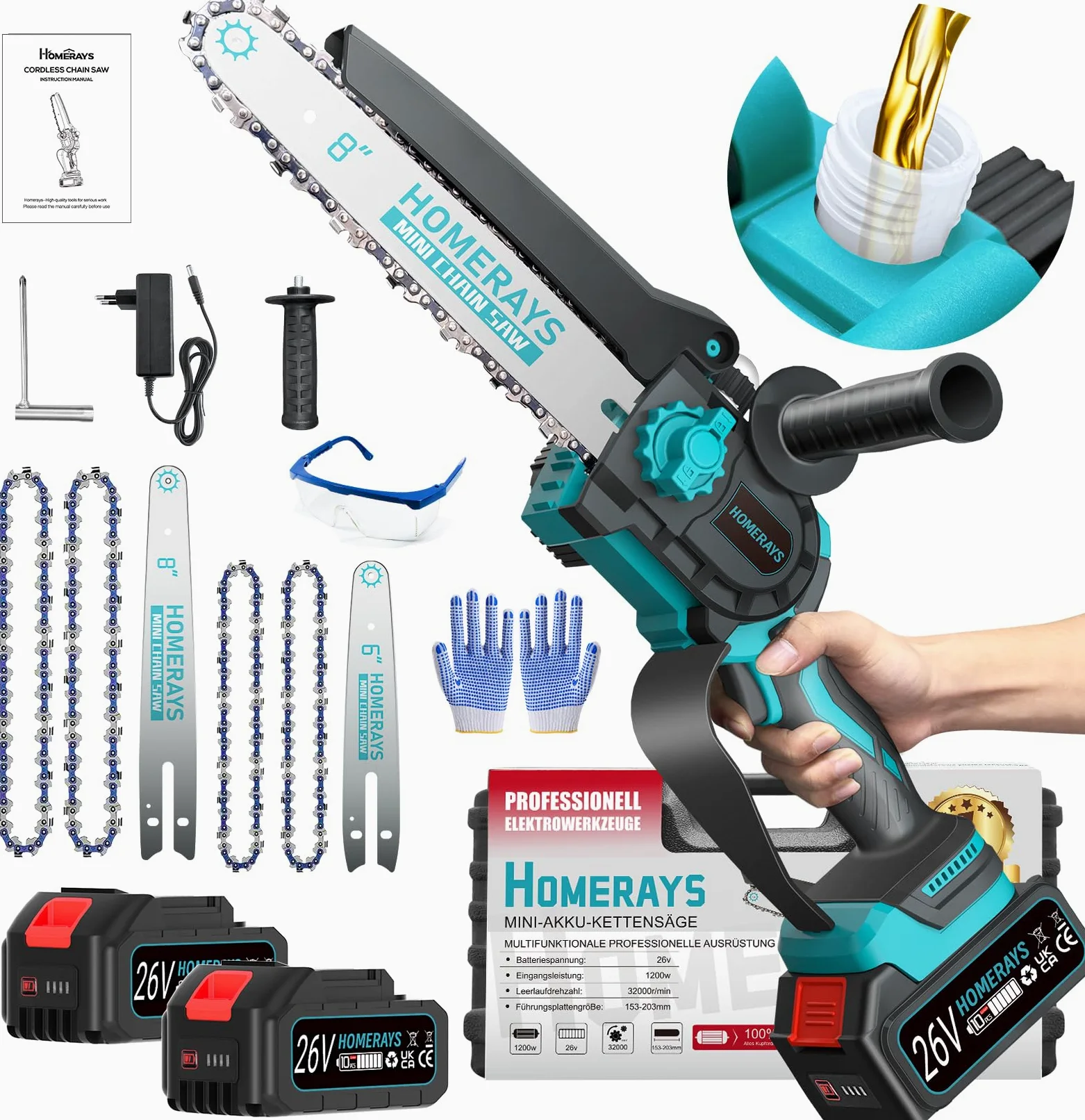 Mini Tronçonneuse a Batterie 8000mAh, 8 & 6 Pouces Lubrificateur Automatique et Électrique Tronçonneuse 2 * 4000mAh Brushless Elagueur, Pour La Coupe Du Bois, Branches, L'élagage, La Cour, Jardin