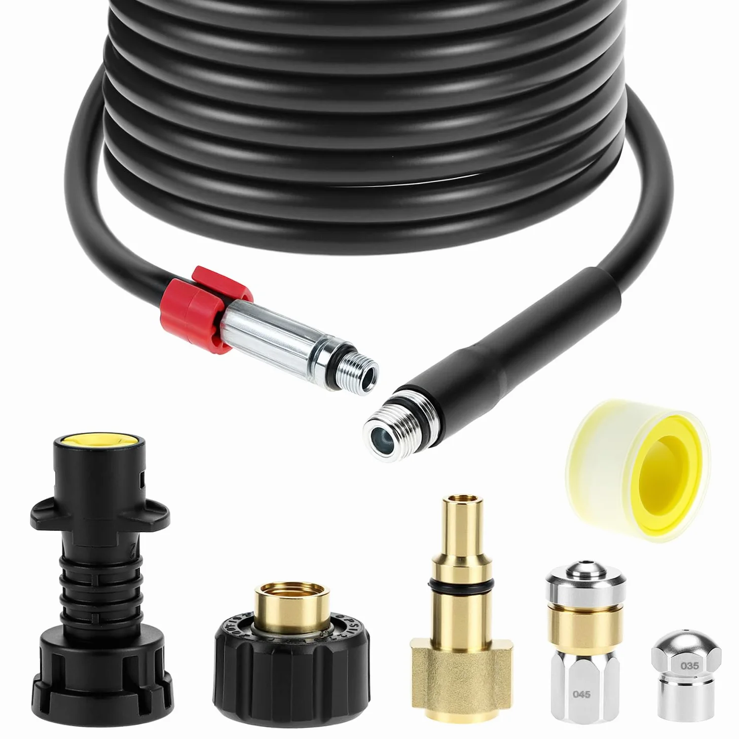QWORK® Kit Tuyau Déboucheur Canalisation (15m, 180 bar/2600PSI) pour Nettoyeur Haute Pression – Compatible avec Karcher, Parkside, Lavor et Bosch Professional, Inclut Buse Fixe et Buse Rotative