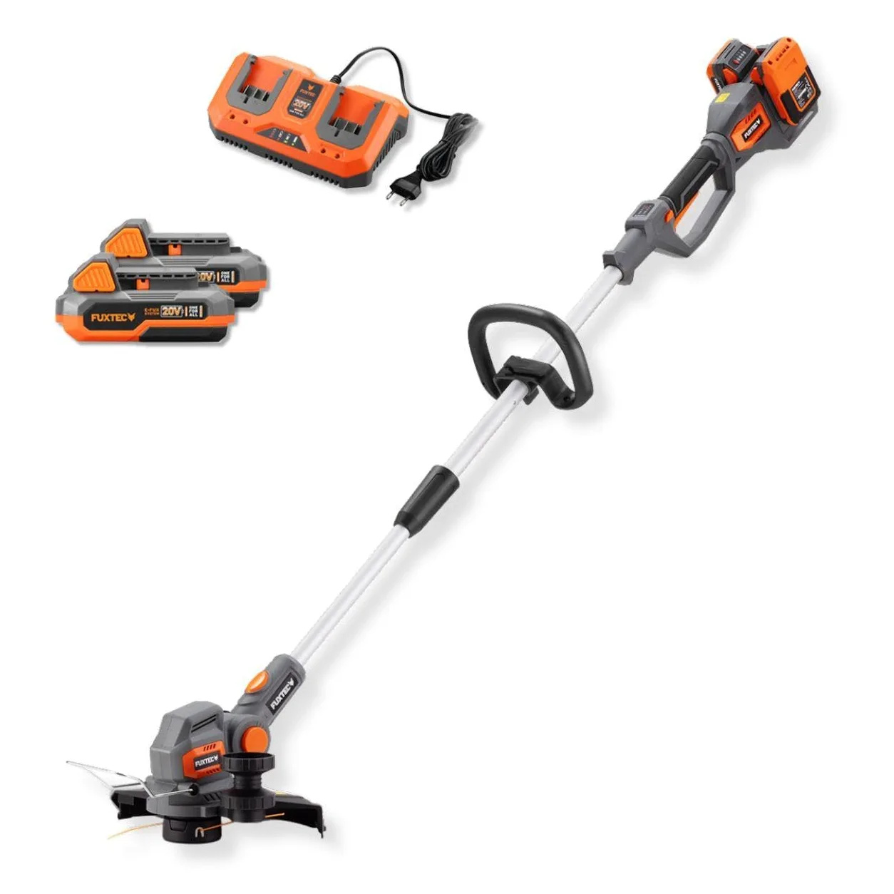 FUXTEC Coupe-Bordures sans Fil FX-E2RTSET • système de Batterie 2x20V • Largeur de Coupe 30 cm • Manche télescopique 138,5 à 173,5 cm 8 000 TR/Min • Arceau de Protection des Plantes
