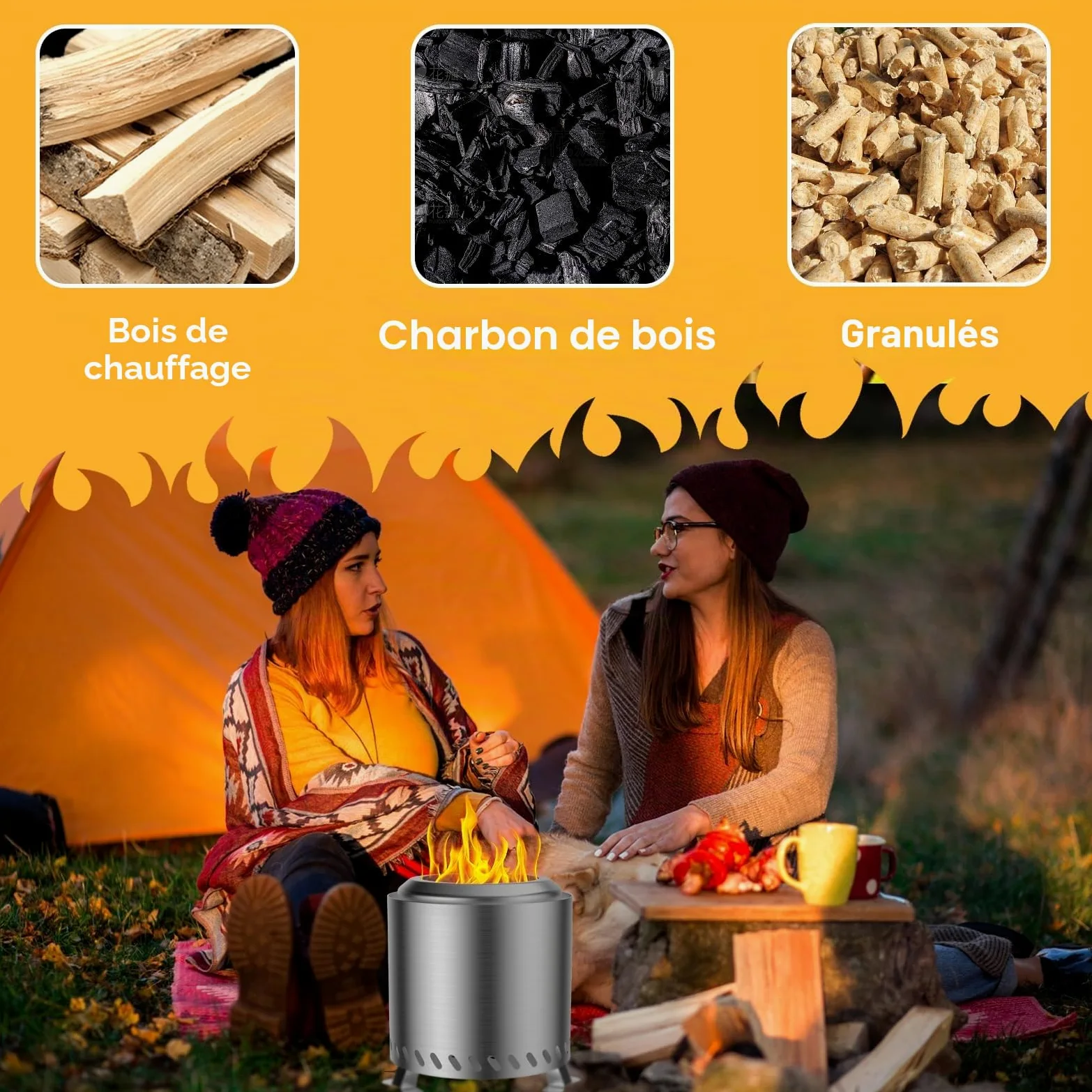 Brasero Exterieur de Jardin, Foyer sans fumée Acier Inoxydable 22x22x26cm Mini Corbeille à feu Tonneau de feu avec Pied et Sac de Rangement, Balcon Terrasse Jardin Déco, Idéal pour BBQ Pellets Bois