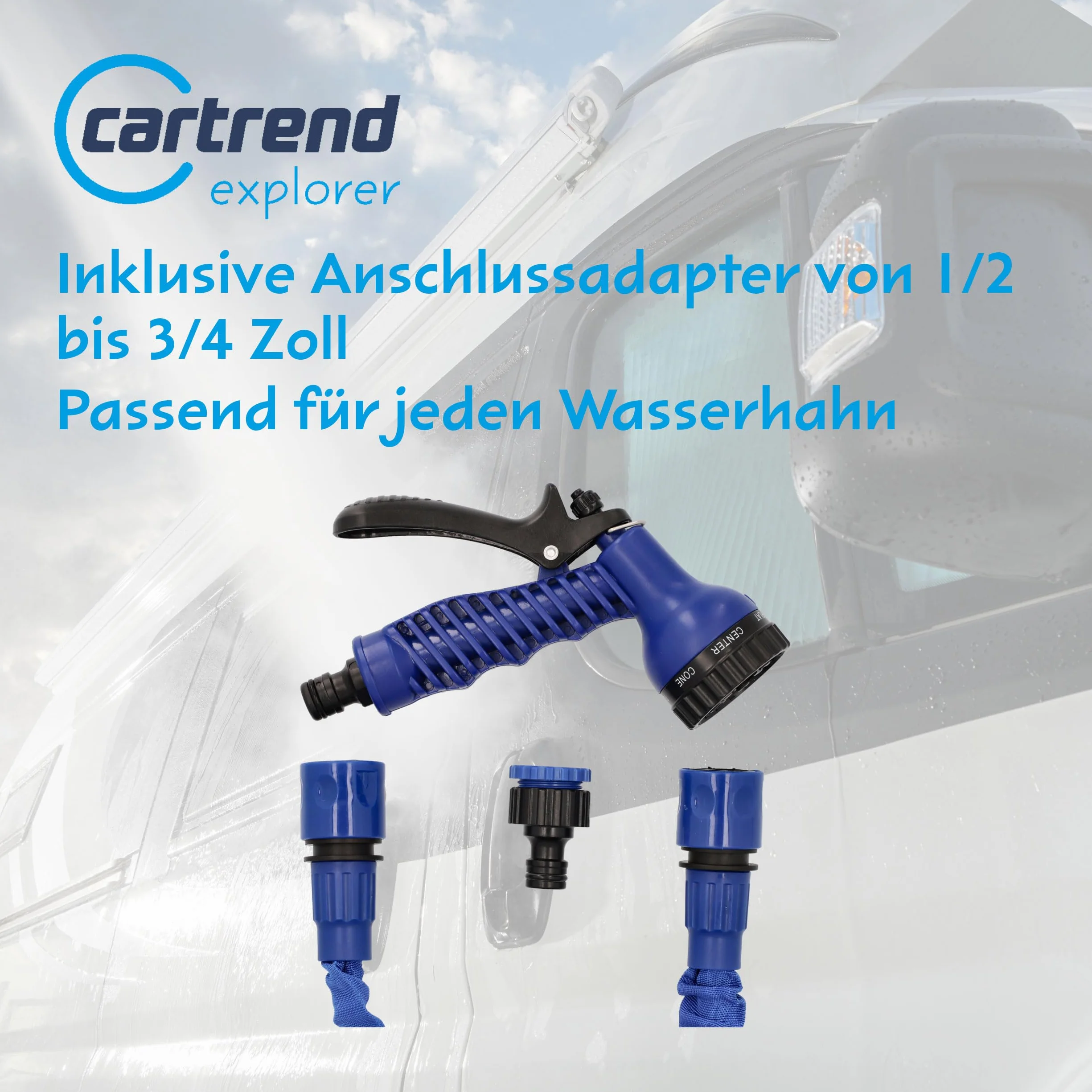 Cartrend 10386 Tuyau d'arrosage extensible pour caravane, camping-car, accessoire de caravane, dimensions 5-15 m, bleu/noir